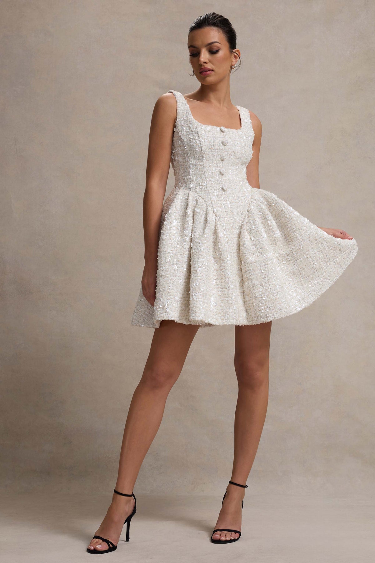 Sugar Plum | Creamfarbiges Bouclé-Minikleid mit quadratischem Ausschnitt