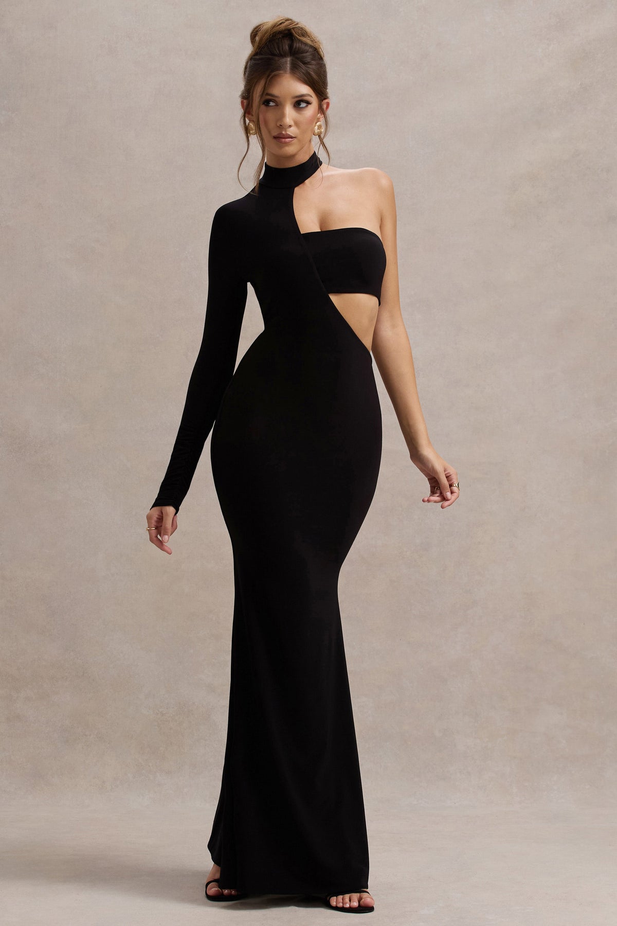 Socialite | Schwarzes One-Shoulder-Cut-Out-Maxikleid