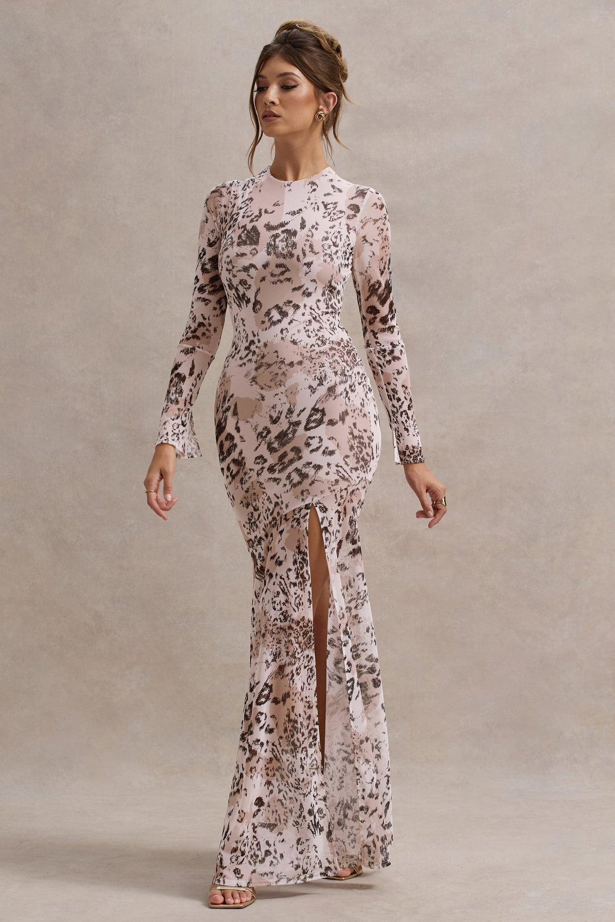 Tigerlily | Leopardenmuster-Mesh-Maxikleid mit langen Ärmeln und offenem Rücken