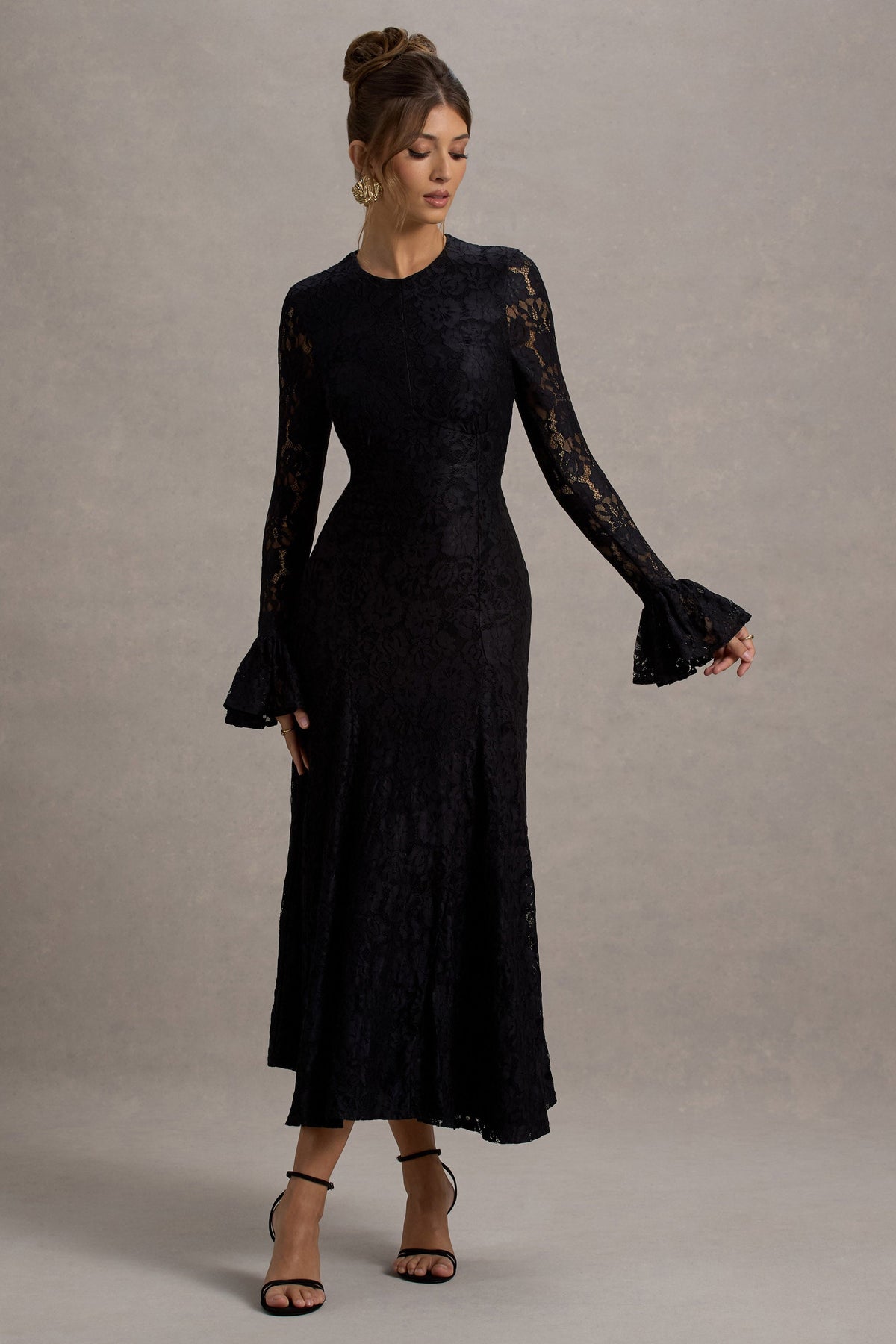 For Life | Schwarzes Midikleid aus Spitze mit langen Ärmeln