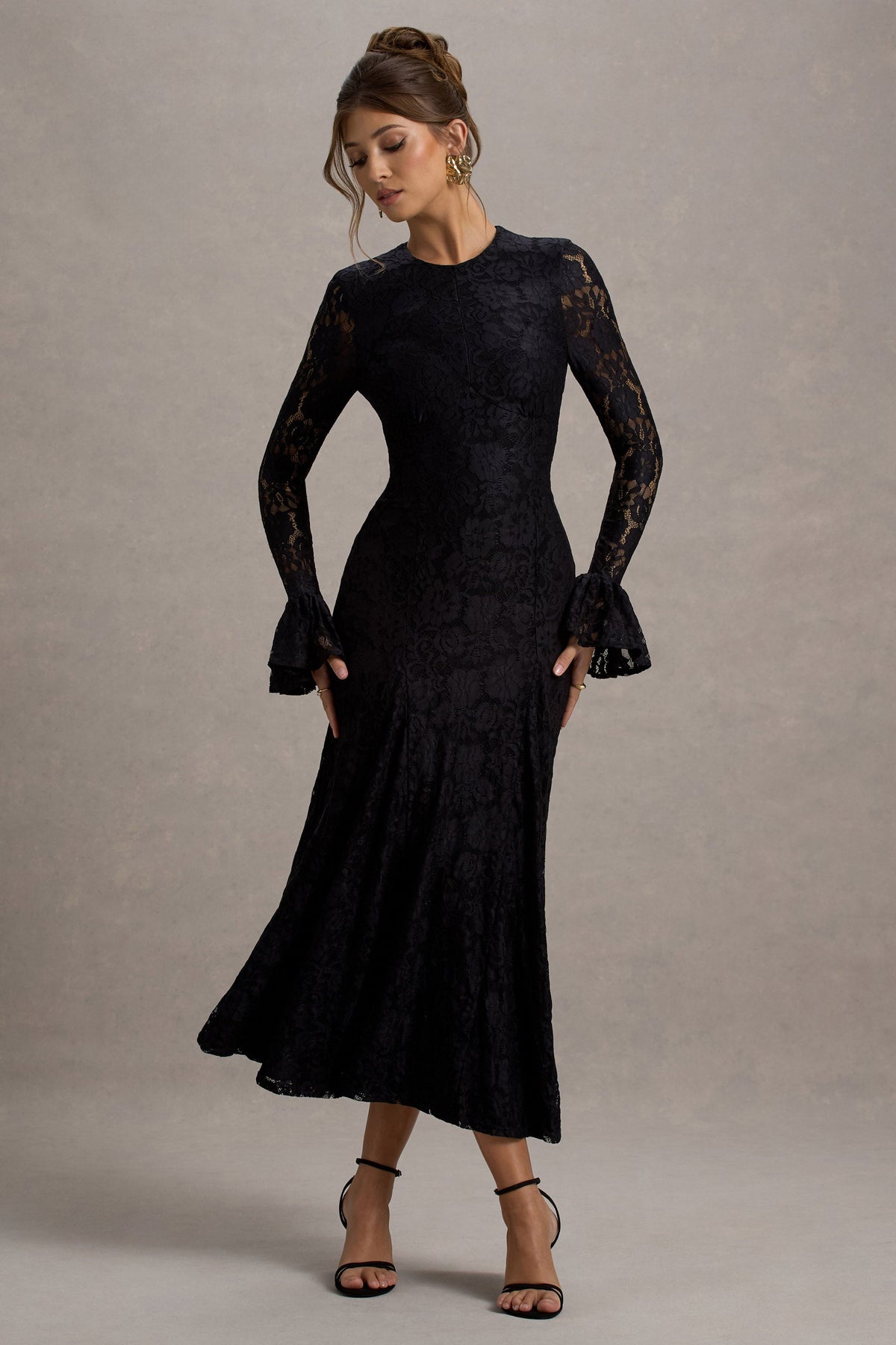 For Life | Schwarzes Midikleid aus Spitze mit langen Ärmeln