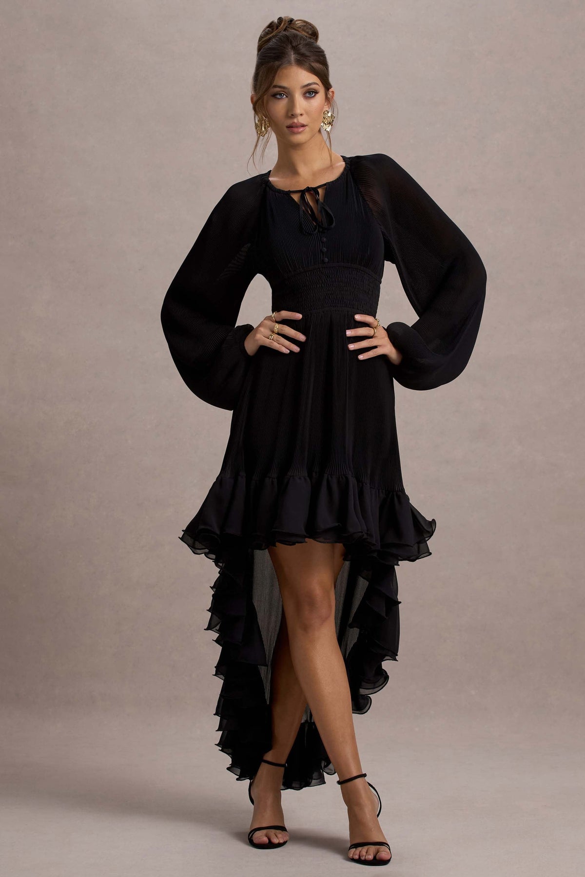 Namir | Schwarzes High-Low Chiffon-Maxikleid