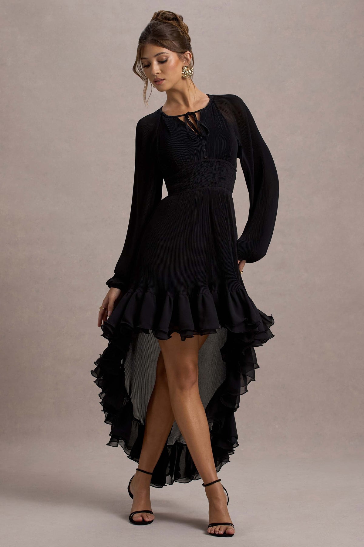 Namir | Schwarzes High-Low Chiffon-Maxikleid