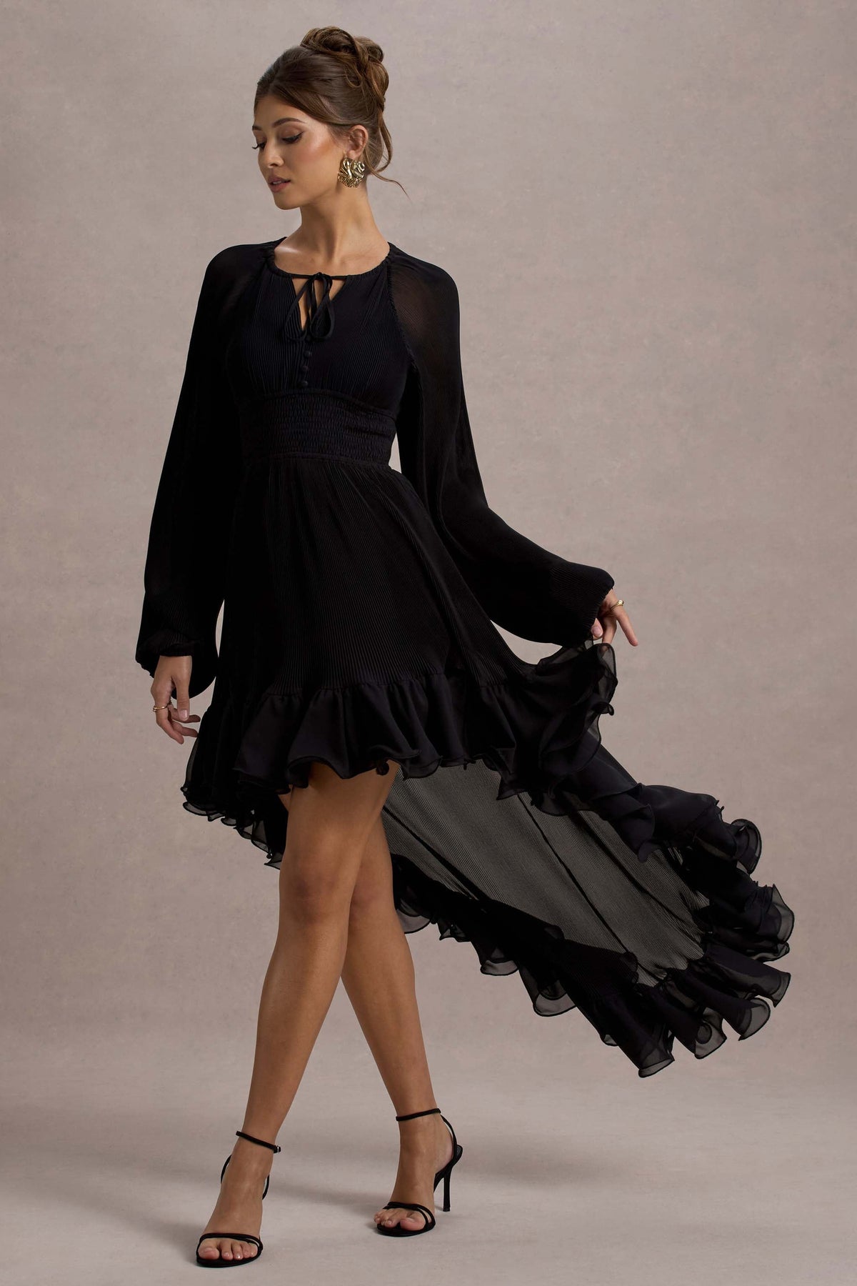 Namir | Schwarzes High-Low Chiffon-Maxikleid