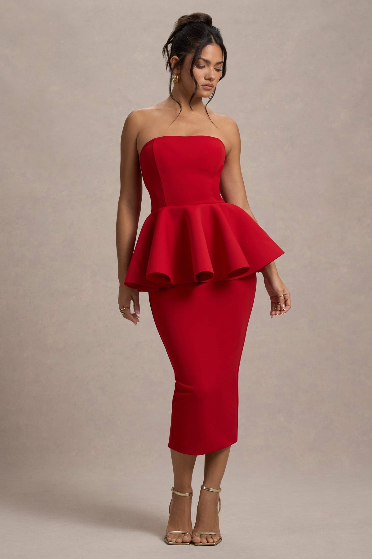 First Dance | Rotes Bandeau-Peplum-Midikleid