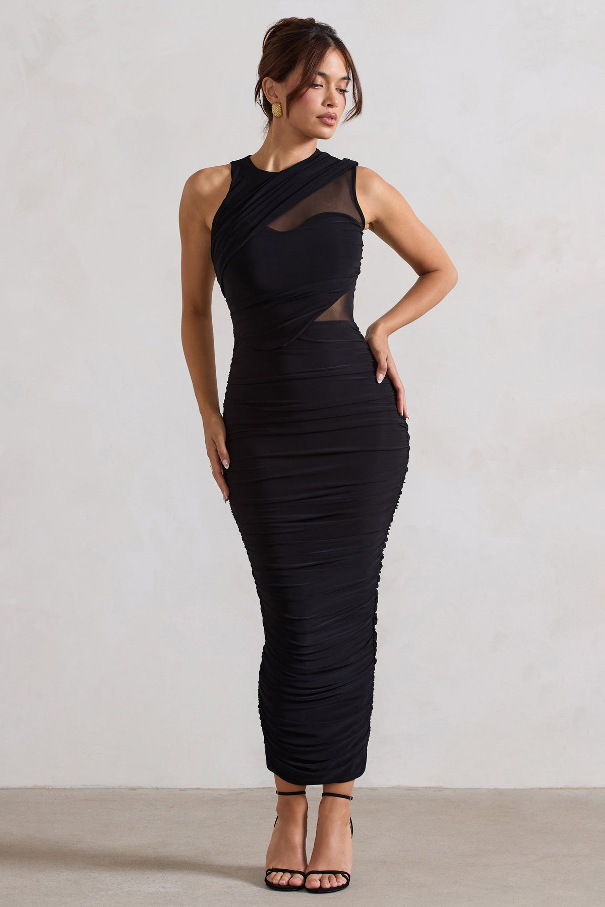 Born With It | Schwarzes, ärmelloses Maxikleid mit Stehkragen, Drapierung und Mesh-Einsätzen