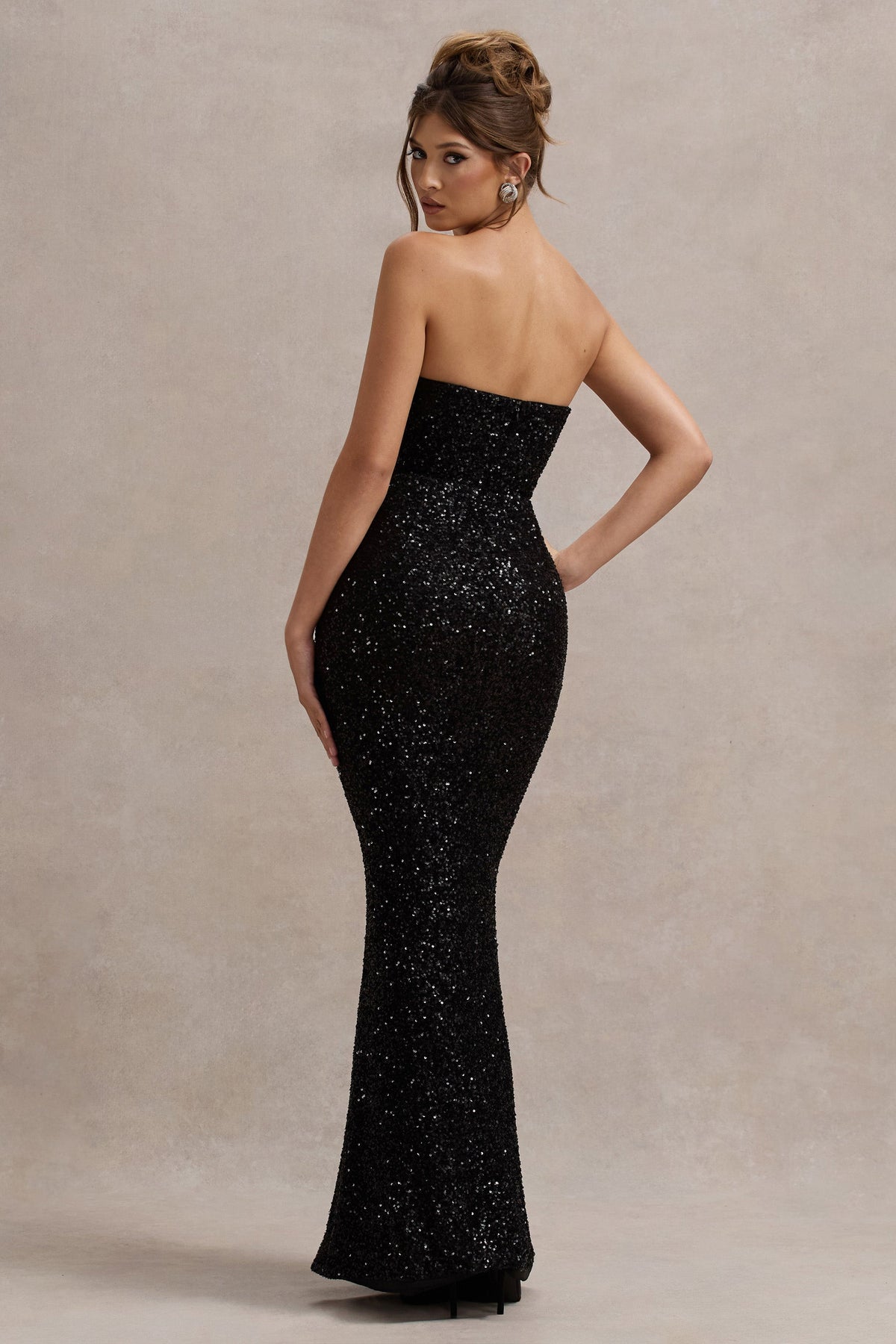 Adalee | Schwarzes, trägerloses Pailletten-Maxikleid