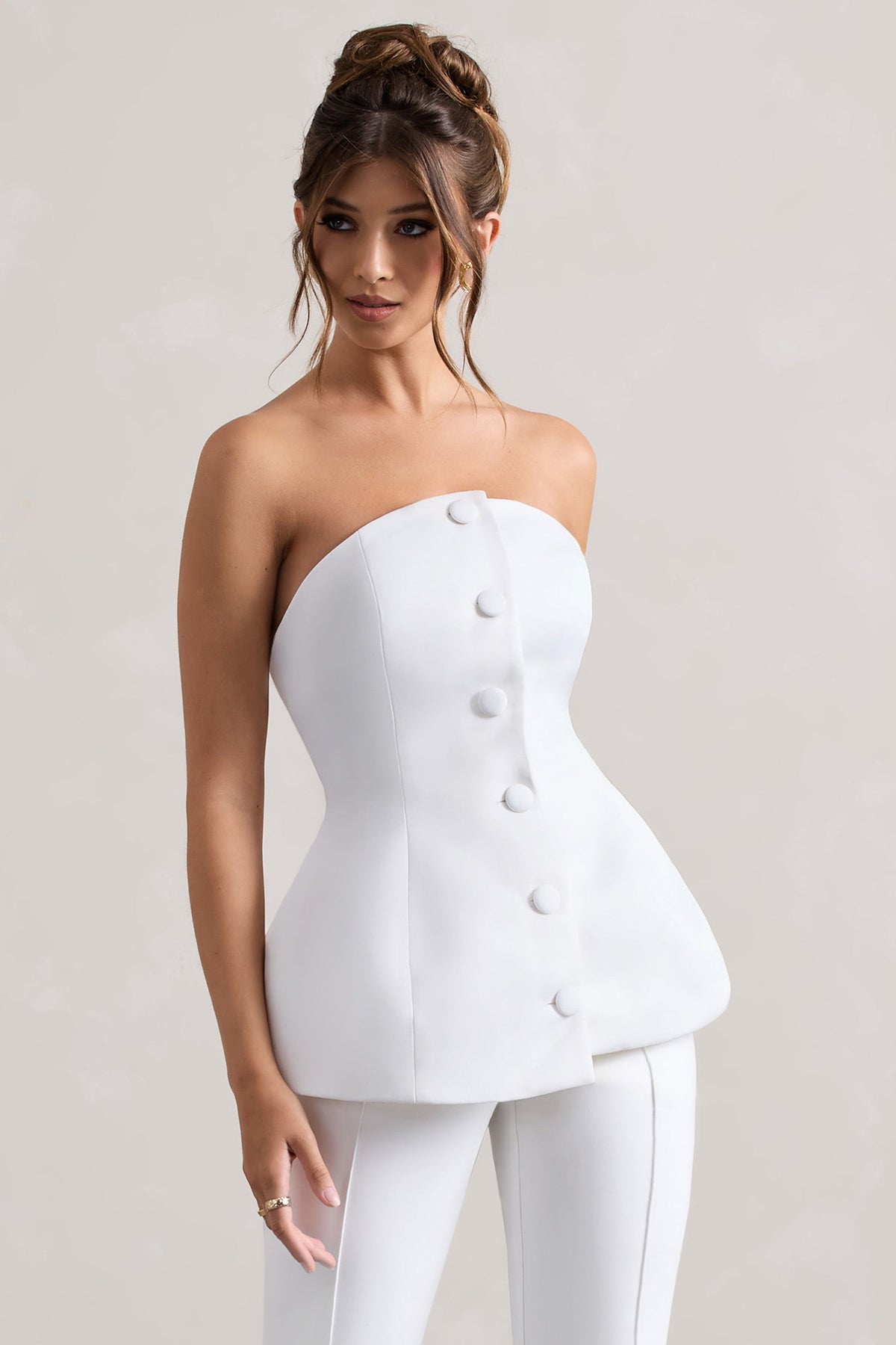 Century | Cremefarbener Satin-korsett Top mit Knöpfen vorne und trägerlosem Design