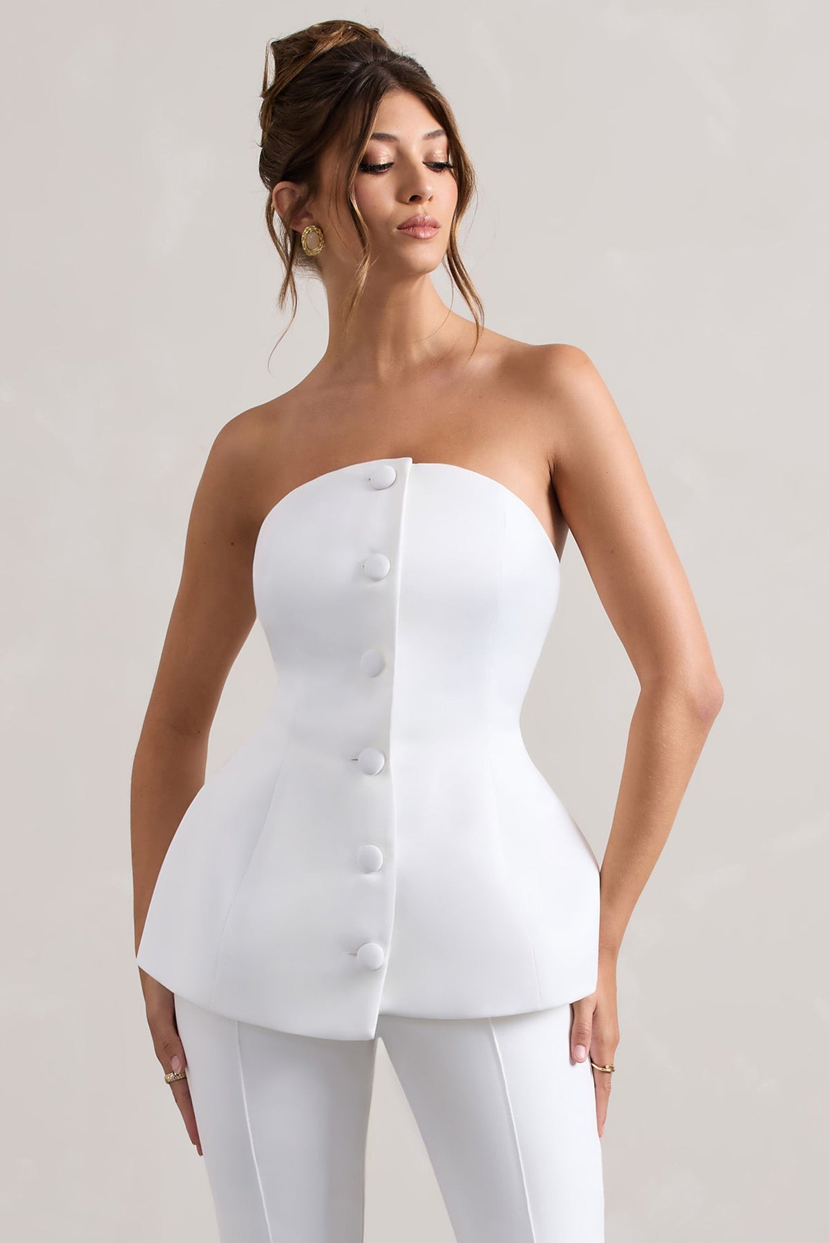 Century | Cremefarbener Satin-korsett Top mit Knöpfen vorne und trägerlosem Design