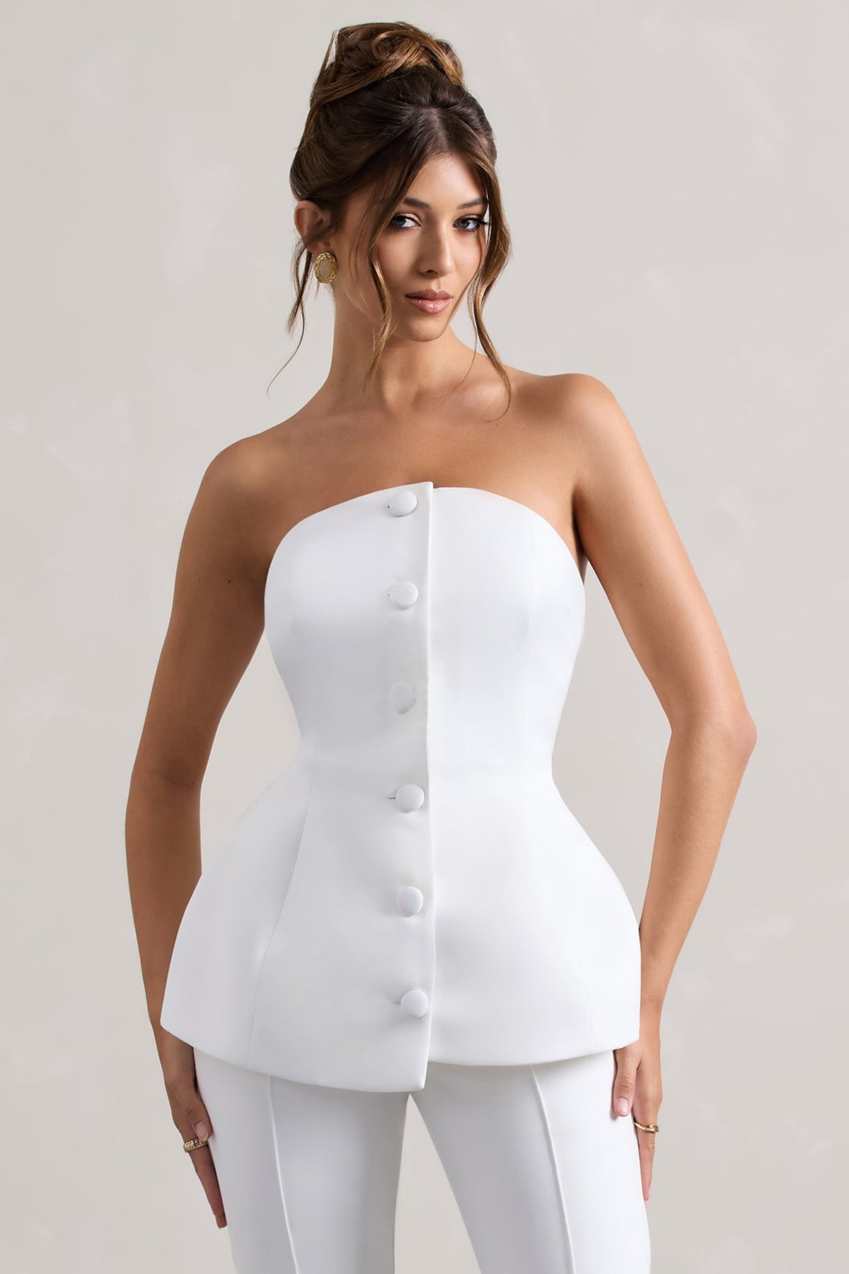Century | Cremefarbener Satin-korsett Top mit Knöpfen vorne und trägerlosem Design