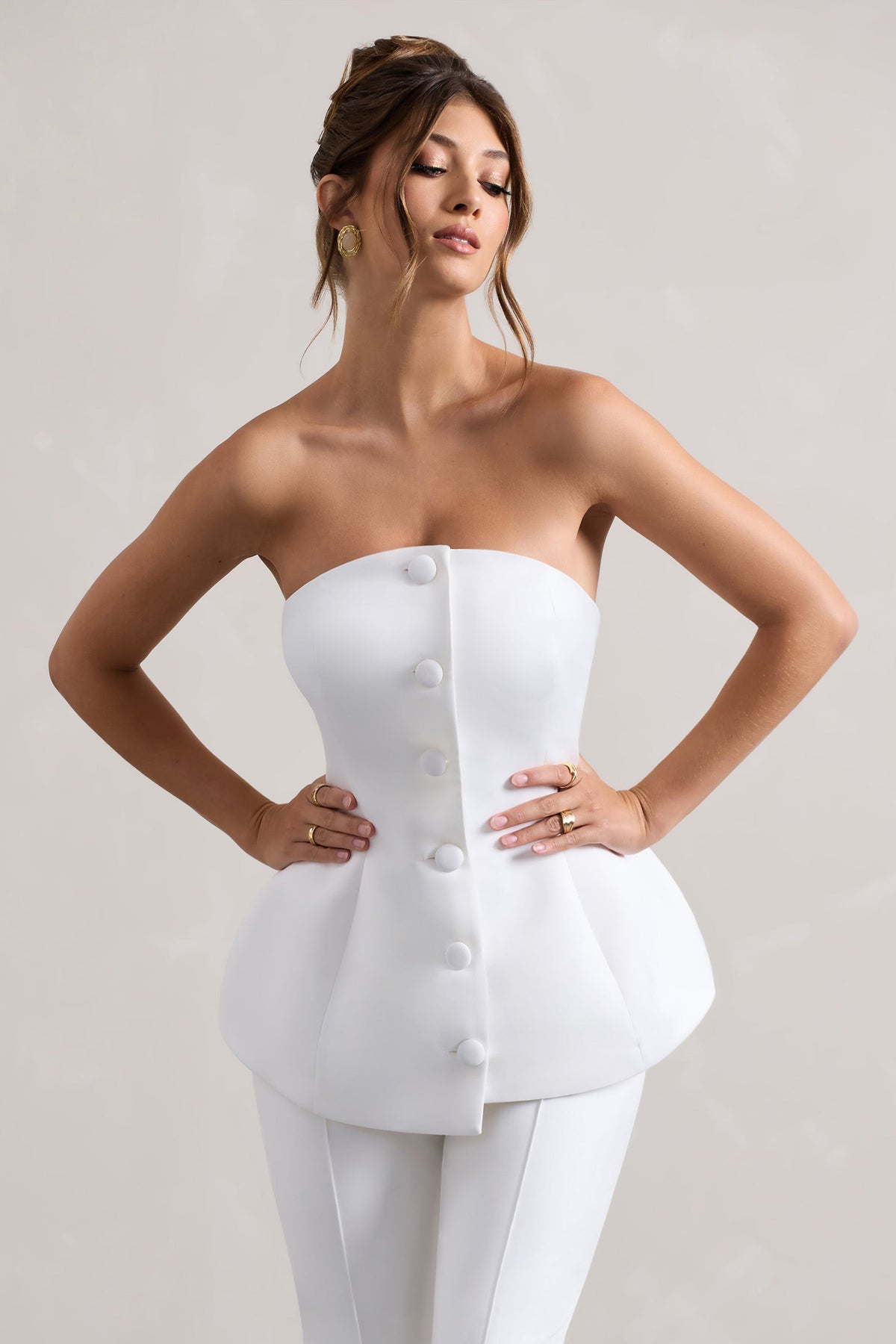 Century | Cremefarbener Satin-korsett Top mit Knöpfen vorne und trägerlosem Design
