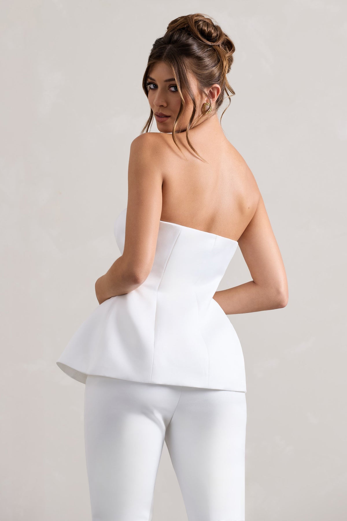 Century | Cremefarbener Satin-korsett Top mit Knöpfen vorne und trägerlosem Design