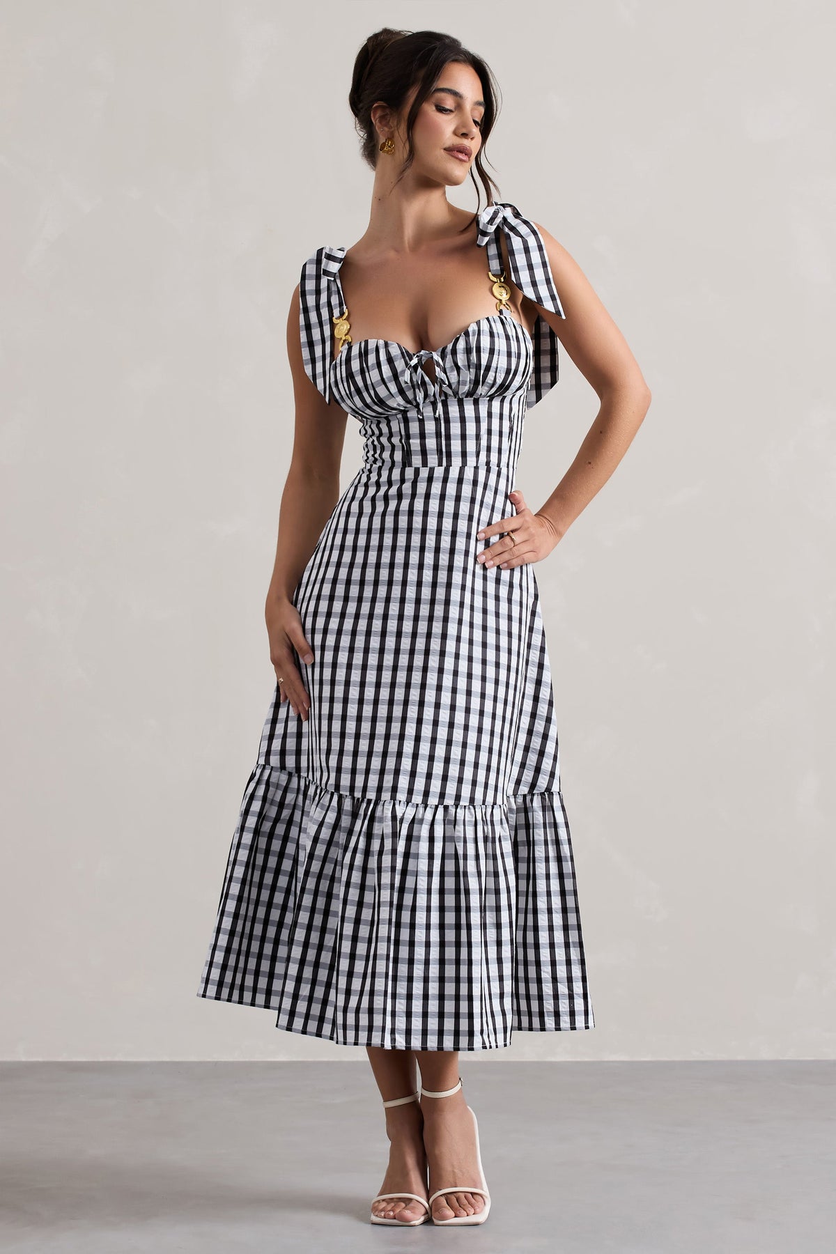 Brighton | Schwarz-weißes Karo-Midikleid mit Sweetheart-Ausschnitt