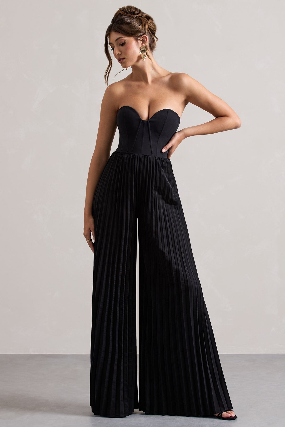 Lorelai | Schwarzer Korsett-Plisseé-Jumpsuit mit weitem Bein