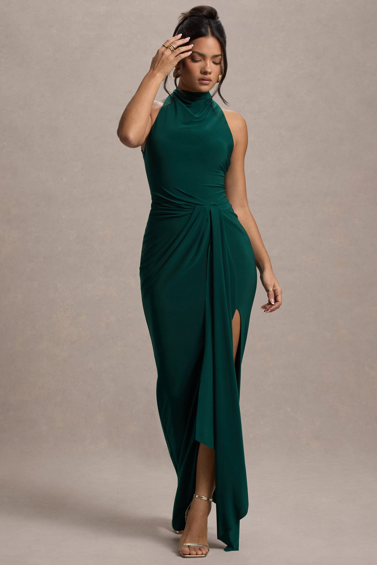 Khari | Flaschengrünes Midikleid mit Volantärmeln und Zipfelsaum