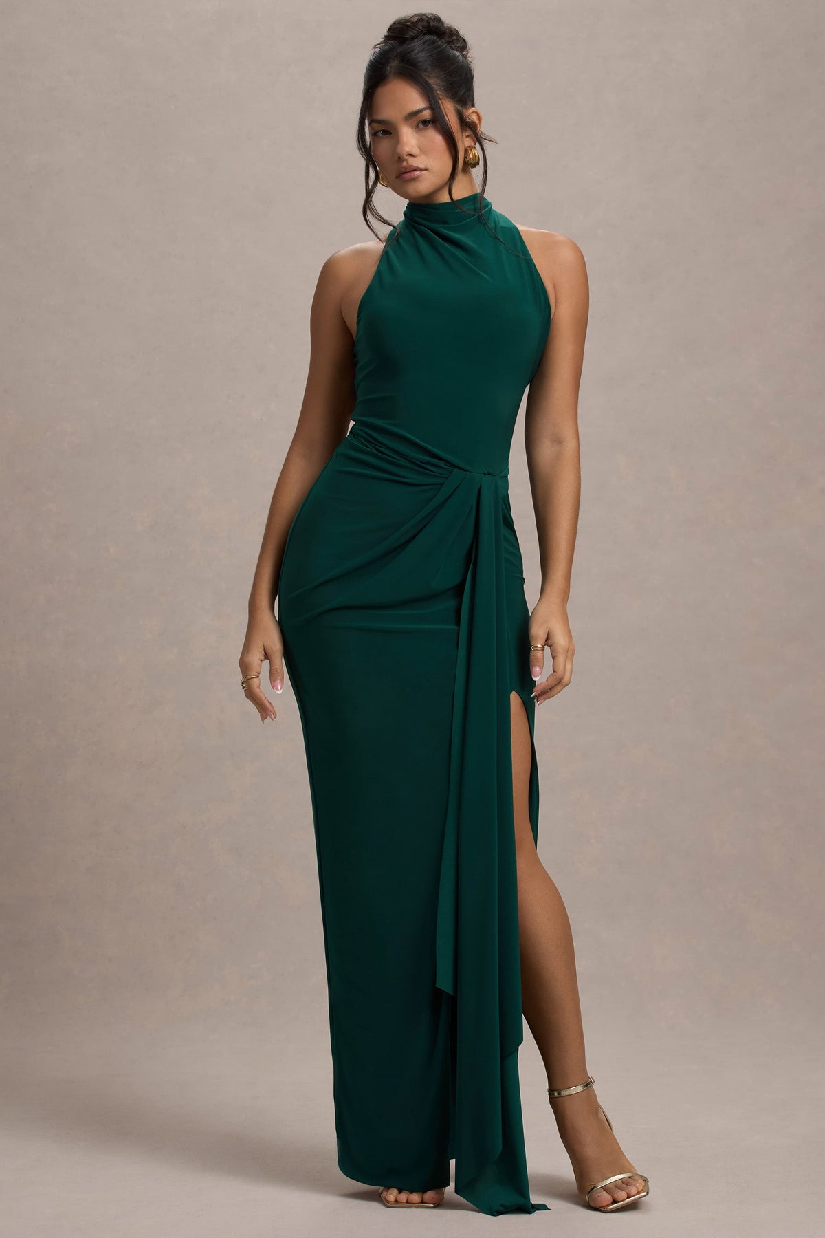 Khari | Flaschengrünes Midikleid mit Volantärmeln und Zipfelsaum