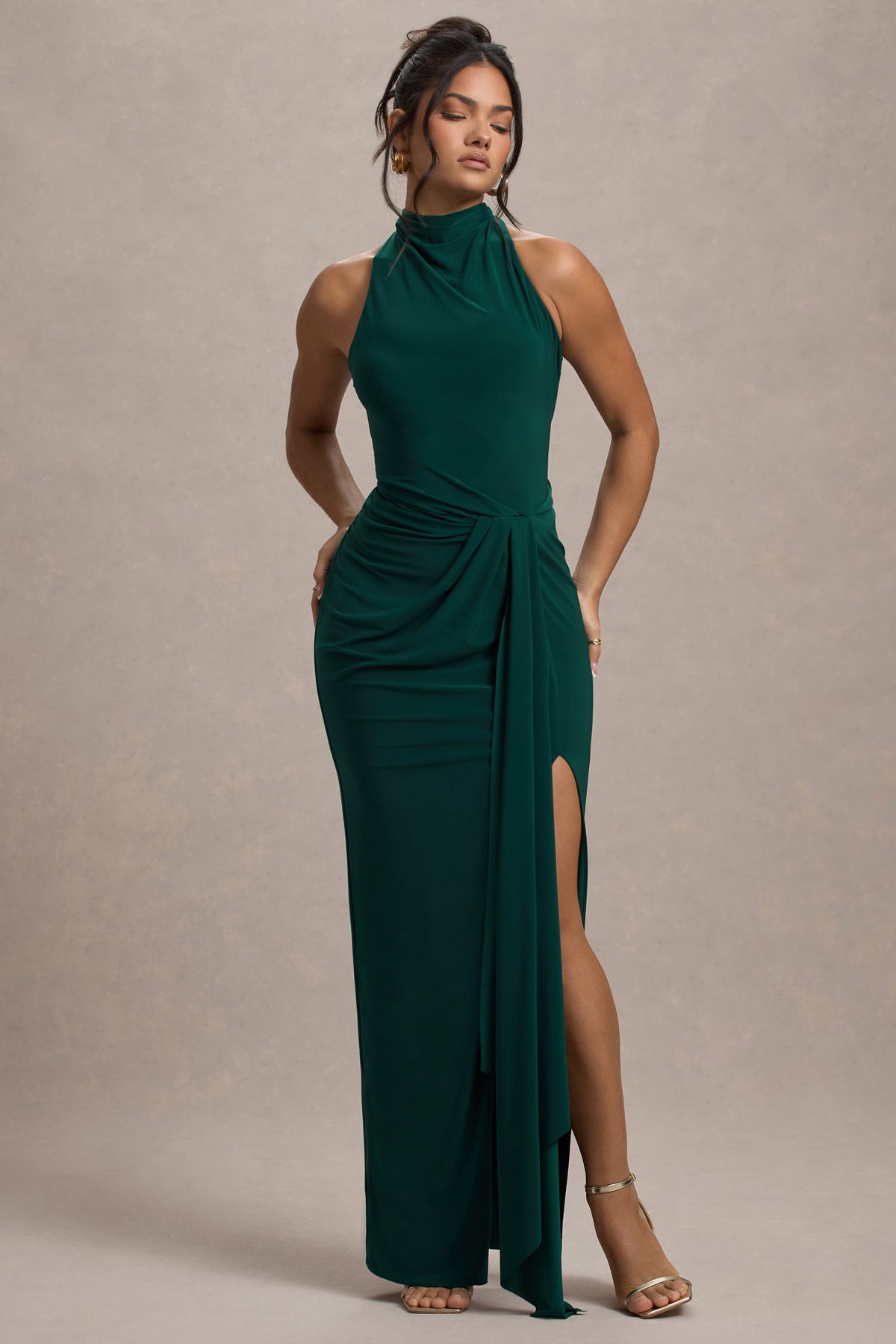Khari | Flaschengrünes Midikleid mit Volantärmeln und Zipfelsaum