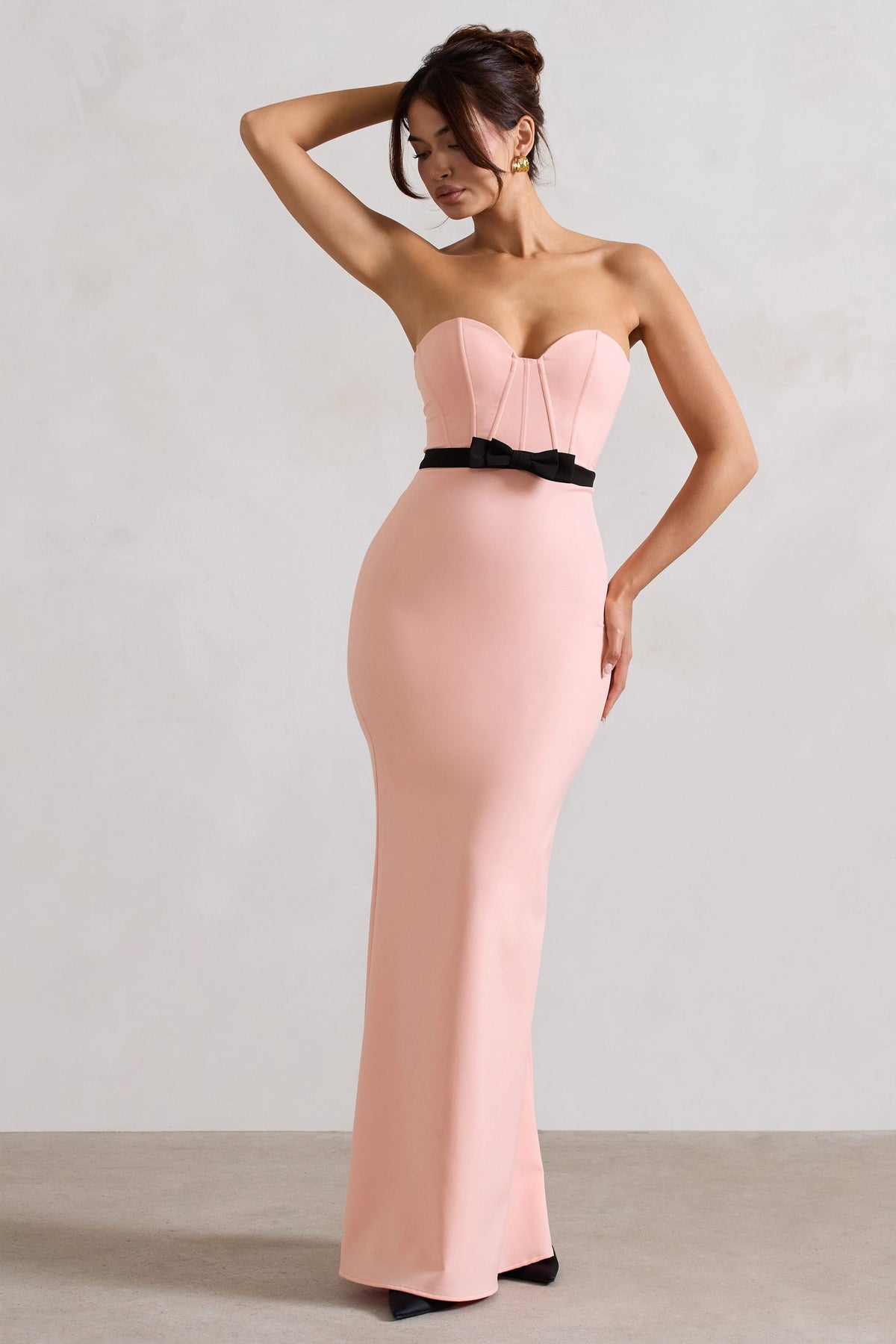 Albi | Rosa strukturiertes trägerloses Korsett-Maxikleid mit Schleife