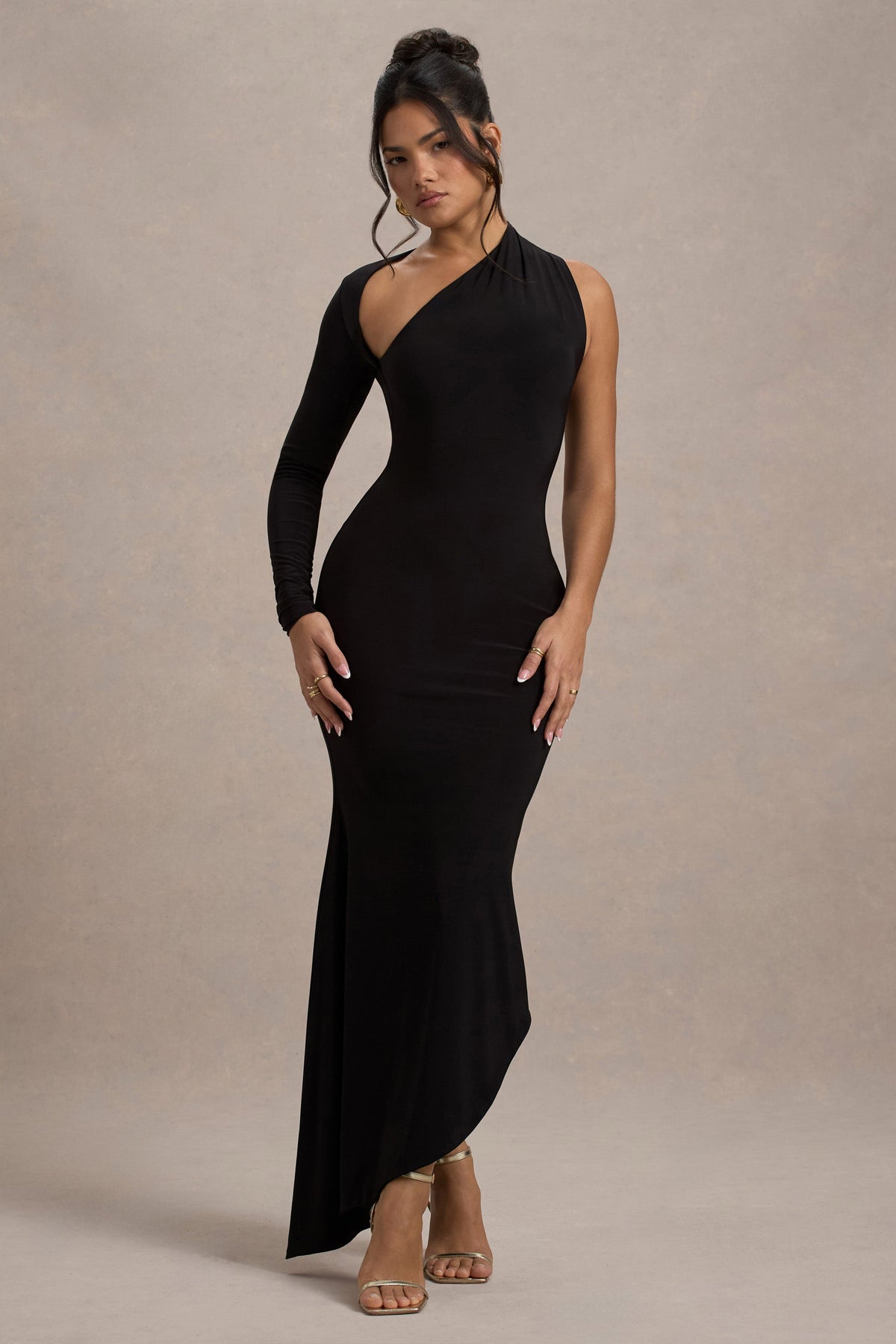 Orsa | Schwarzes One-Shoulder asymmetrisches Maxikleid