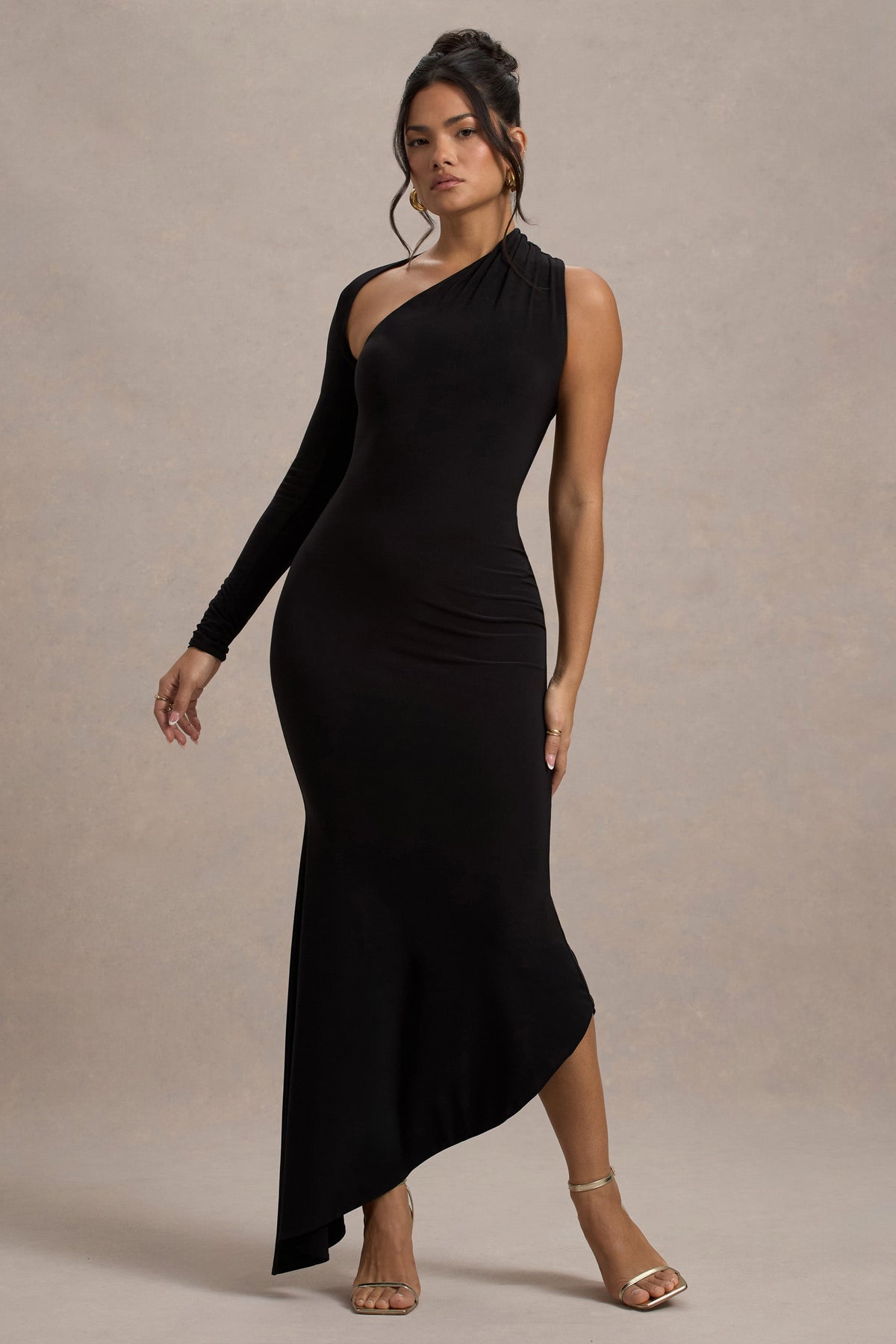 Orsa | Schwarzes One-Shoulder asymmetrisches Maxikleid