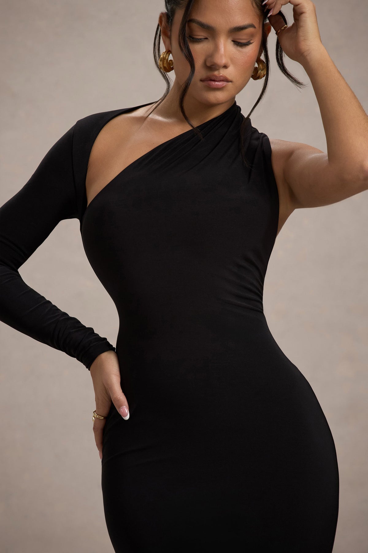 Orsa | Schwarzes One-Shoulder asymmetrisches Maxikleid