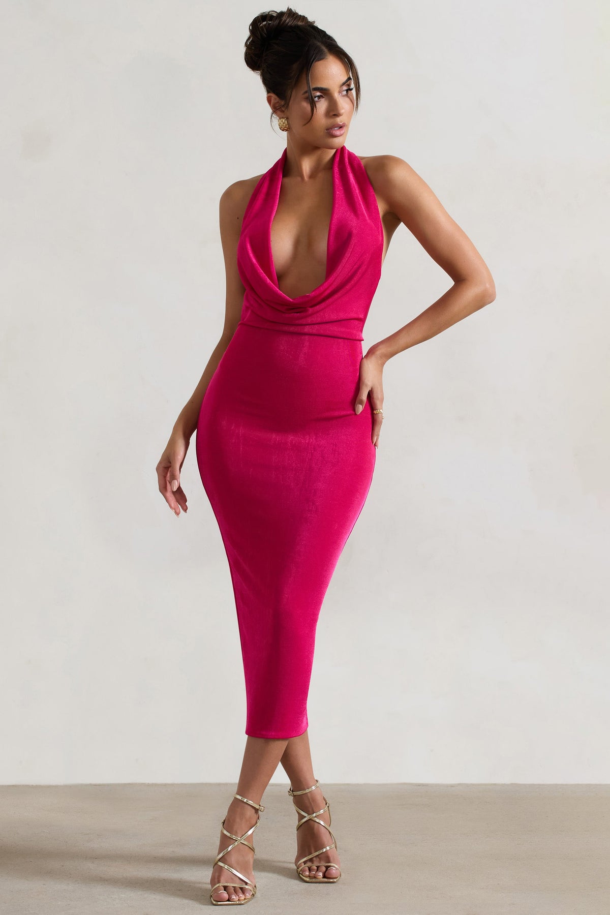 Raleigh | Knallpinkfarbenes Midikleid mit Wasserfallausschnitt