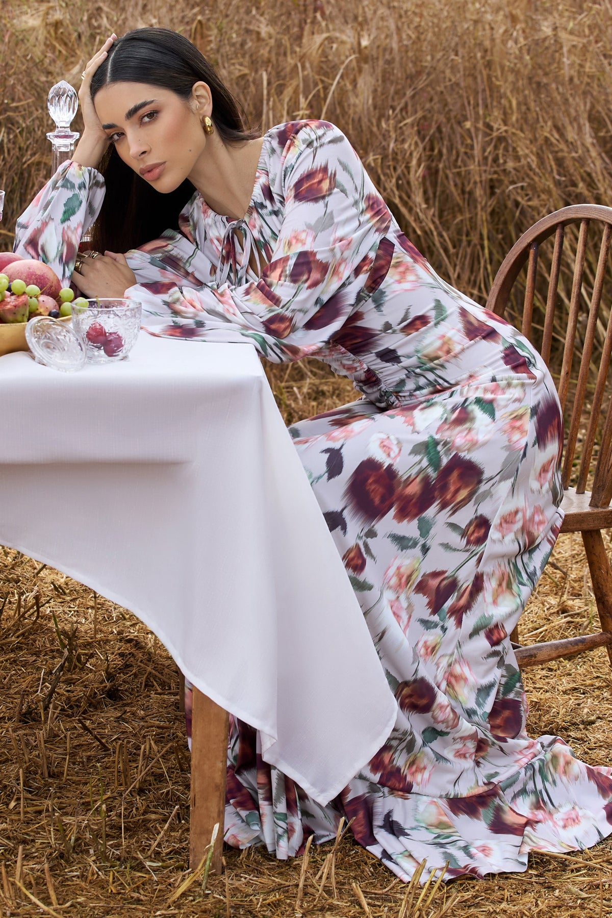 Althena | Cremefarbenes Maxikleid mit Blumenmuster und Ballonärmeln