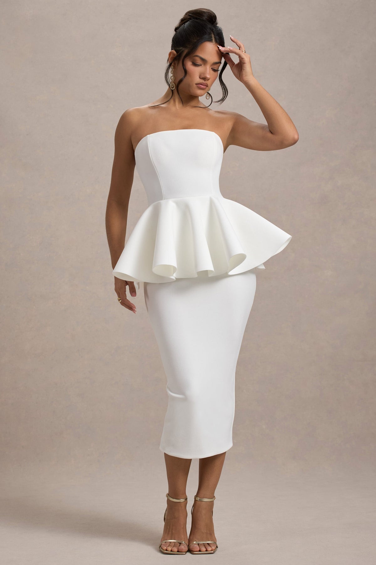 First Dance | Weißes Bandeau-Midikleid mit Peplum-Taille
