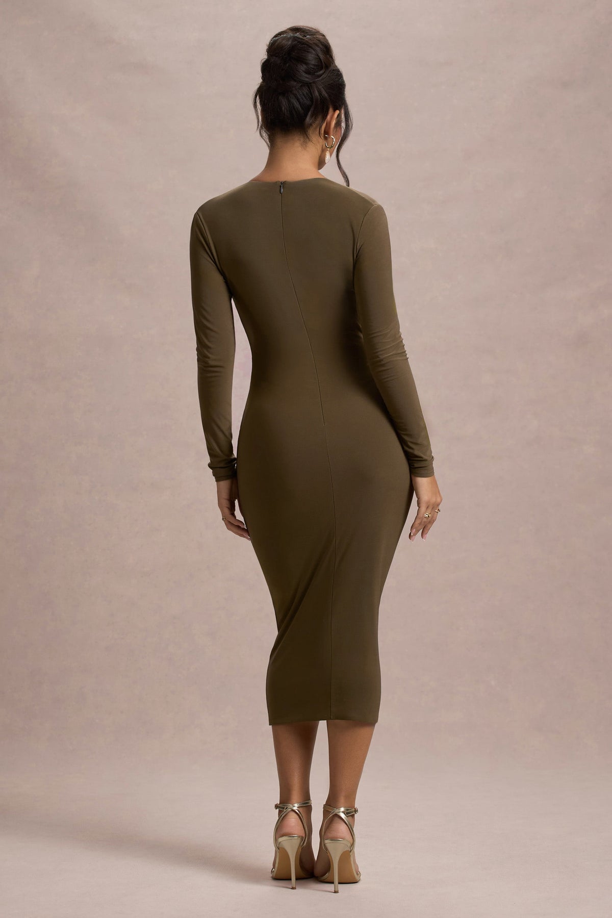 Marcia | Khakifarbenes Bodycon-Midikleid mit tiefem V-Ausschnitt