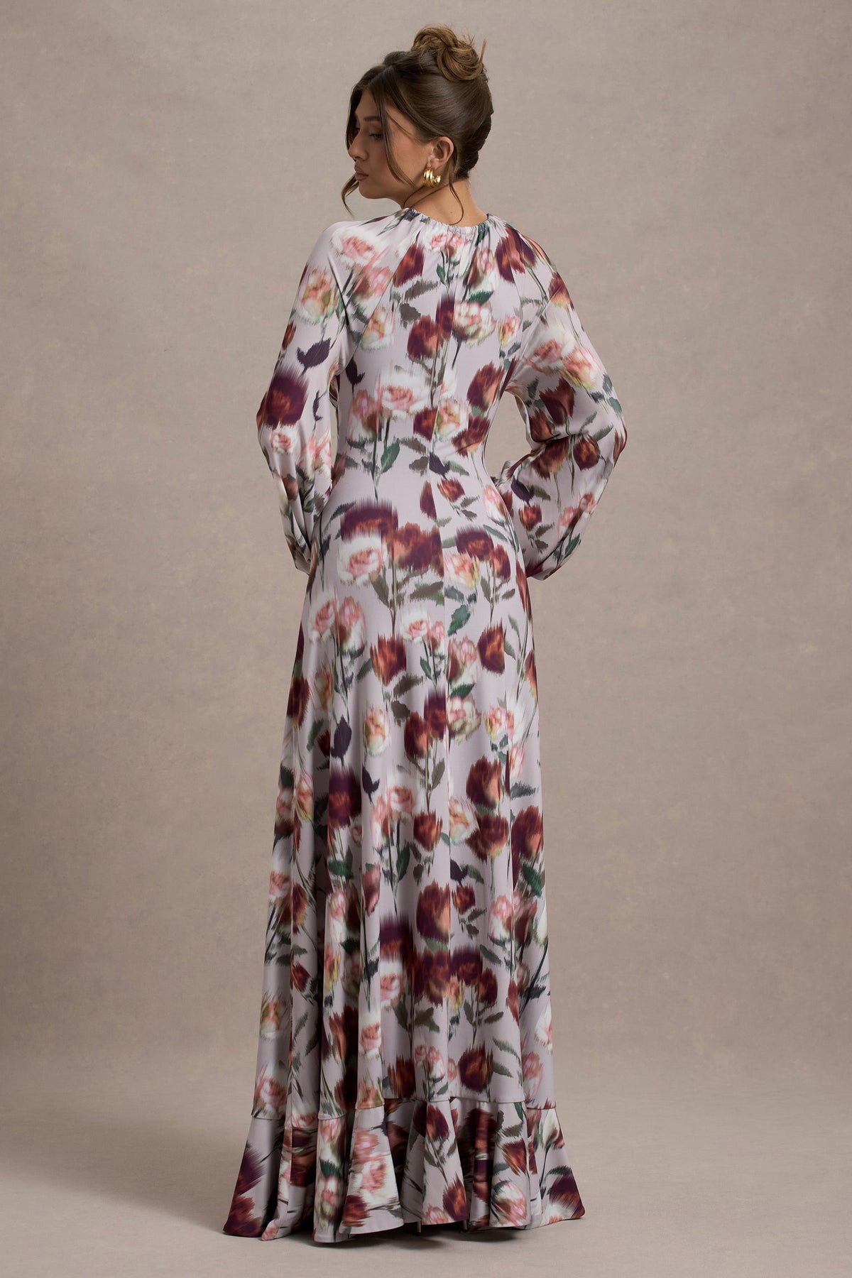 Althena | Cremefarbenes Maxikleid mit Blumenmuster und Ballonärmeln