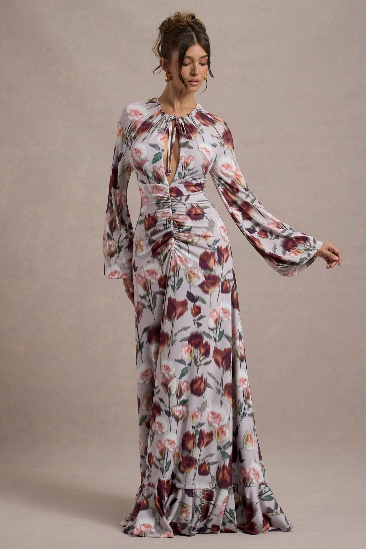 Althena | Cremefarbenes Maxikleid mit Blumenmuster und Ballonärmeln