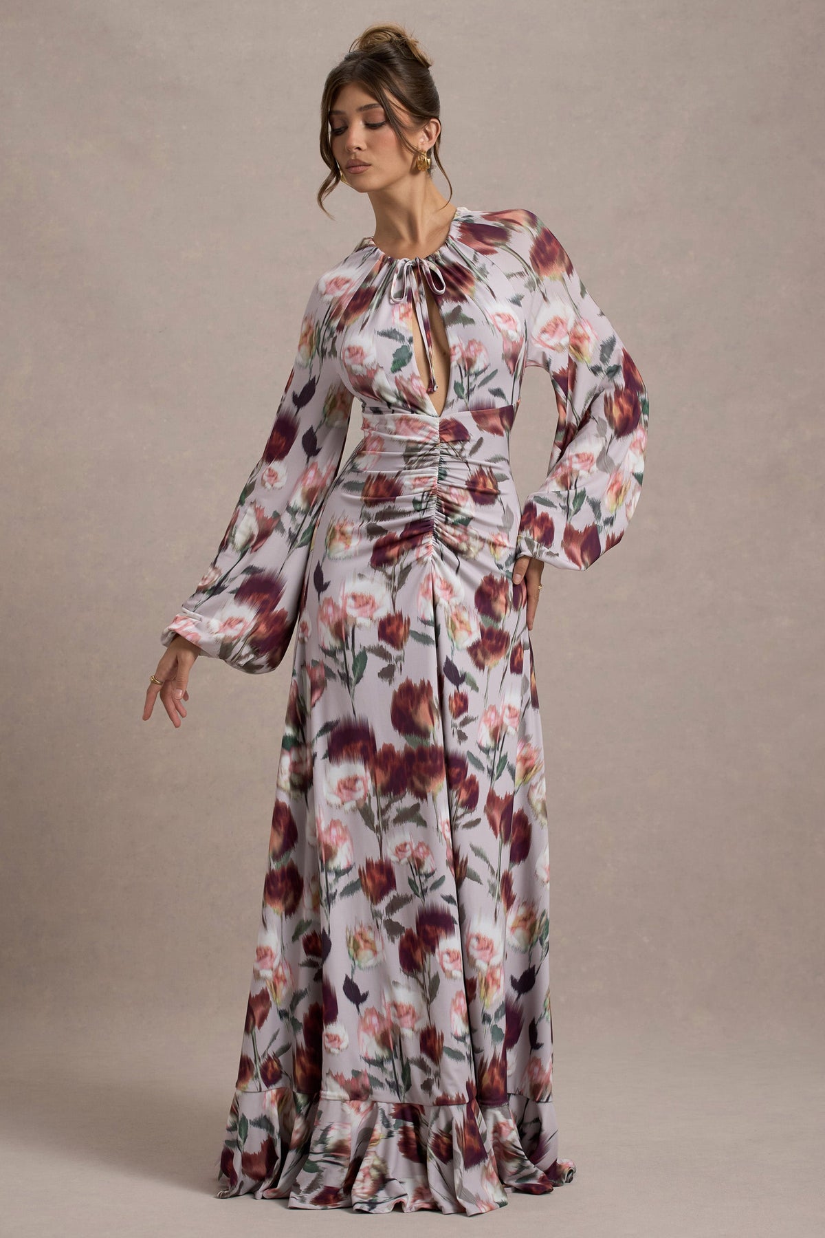 Althena | Cremefarbenes Maxikleid mit Blumenmuster und Ballonärmeln