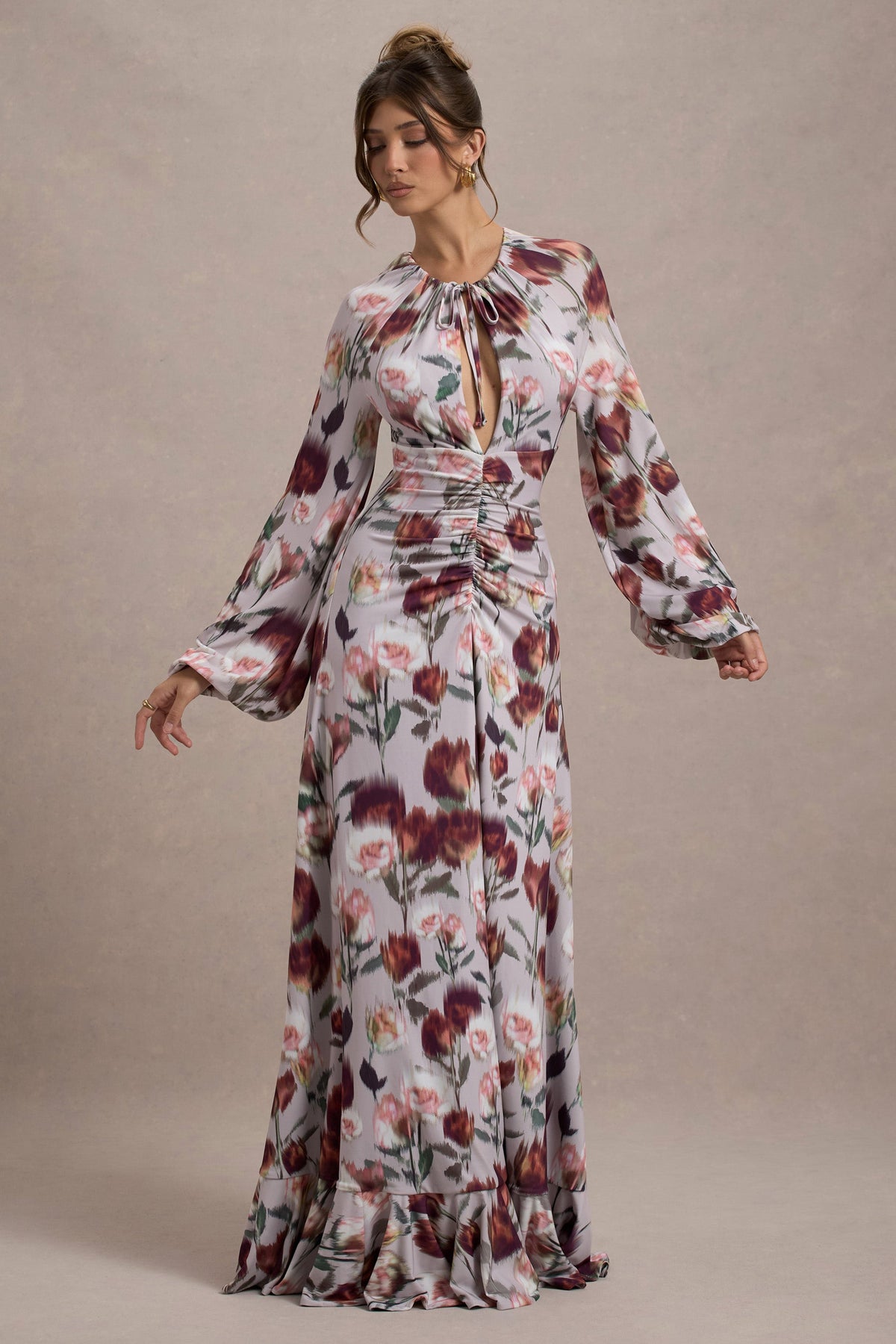 Althena | Cremefarbenes Maxikleid mit Blumenmuster und Ballonärmeln