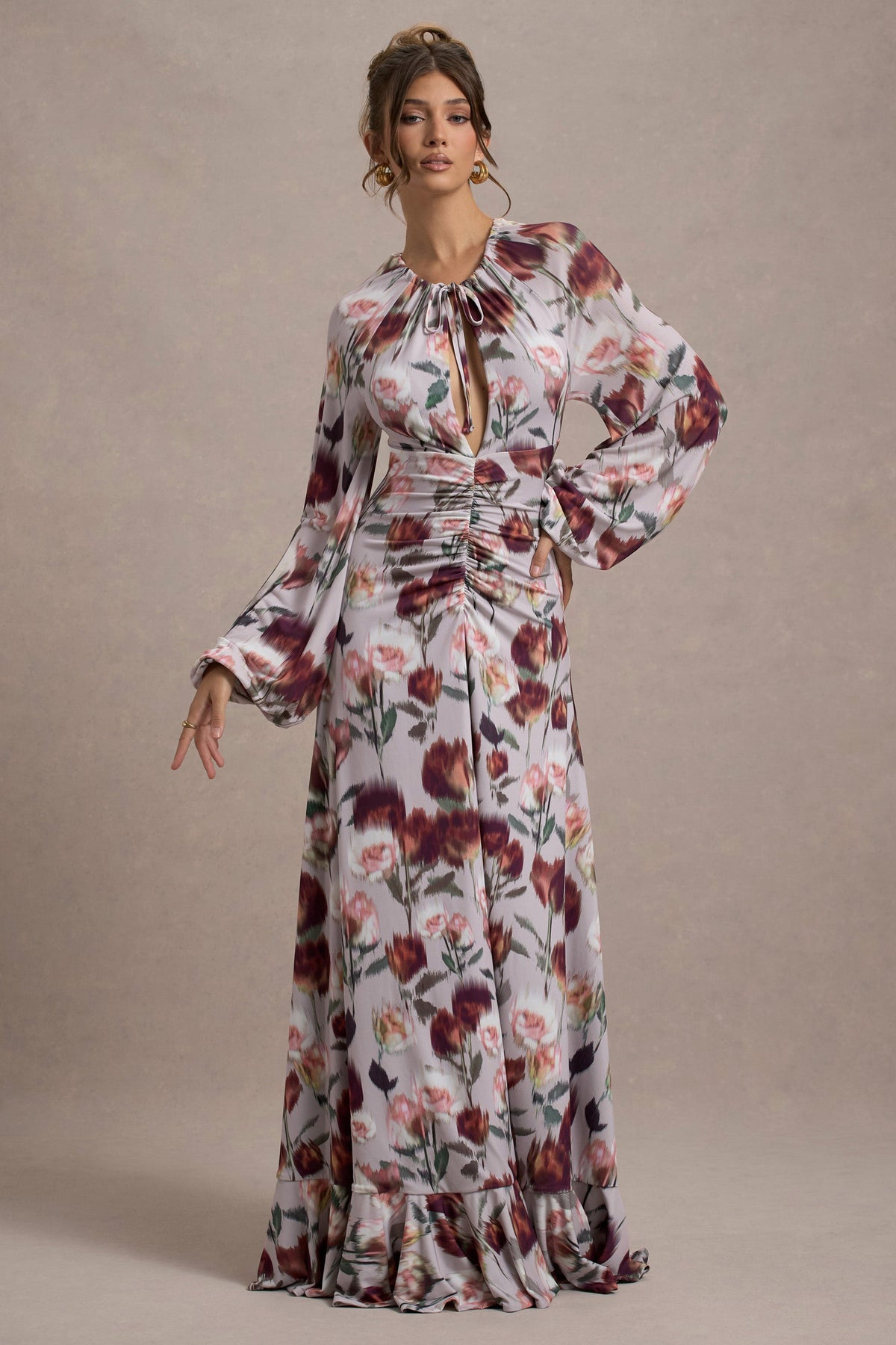 Althena | Cremefarbenes Maxikleid mit Blumenmuster und Ballonärmeln