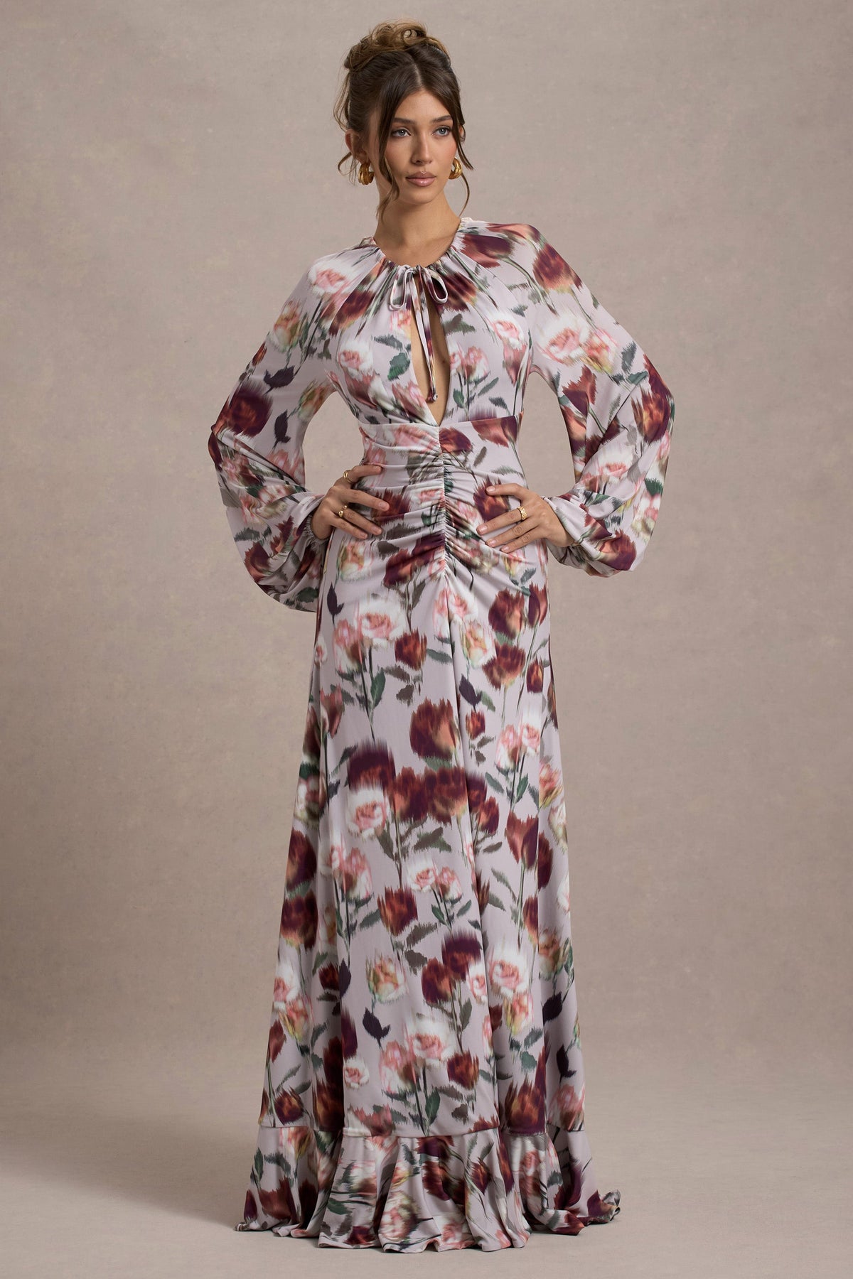 Althena | Cremefarbenes Maxikleid mit Blumenmuster und Ballonärmeln