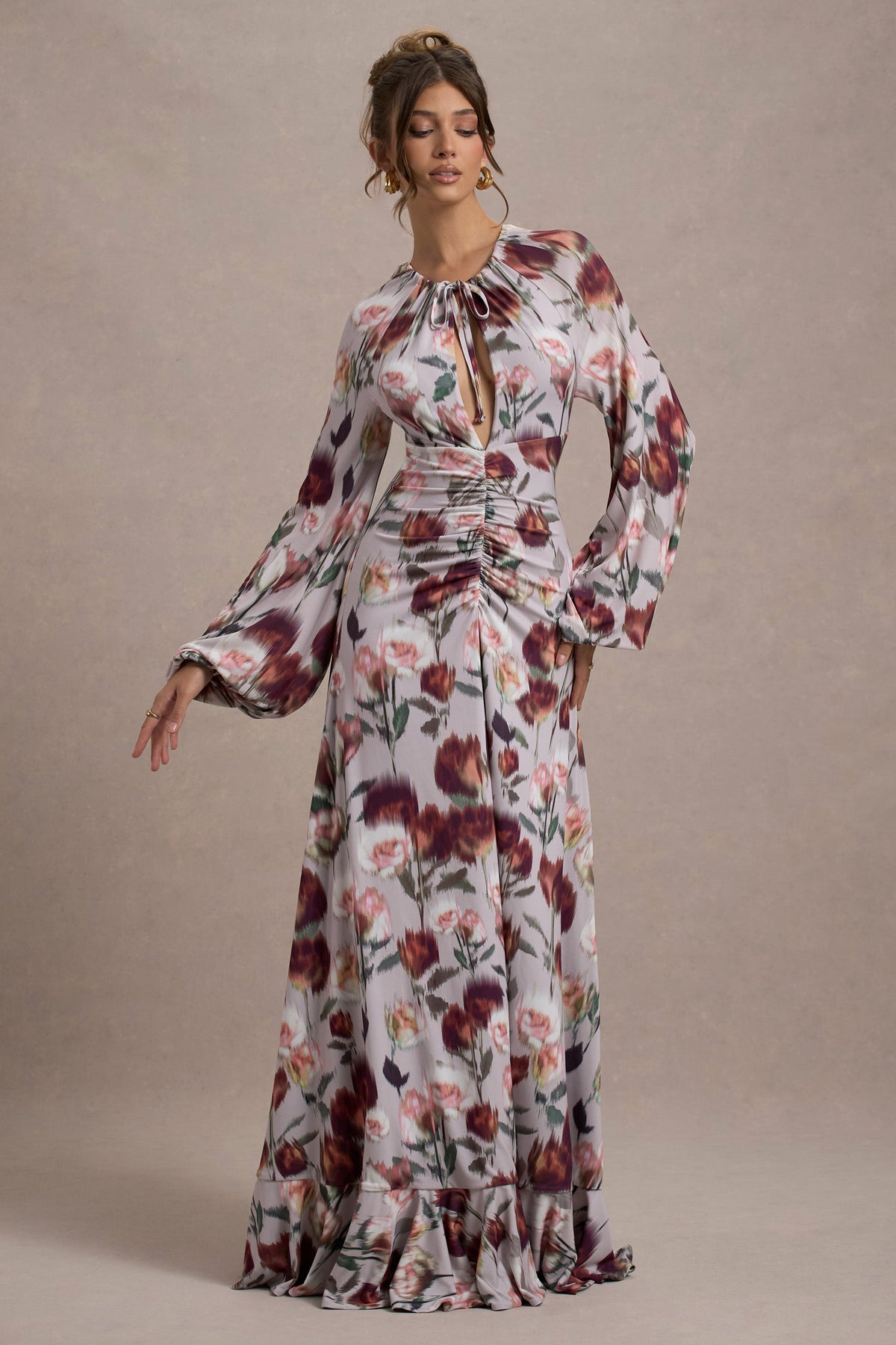 Althena | Cremefarbenes Maxikleid mit Blumenmuster und Ballonärmeln