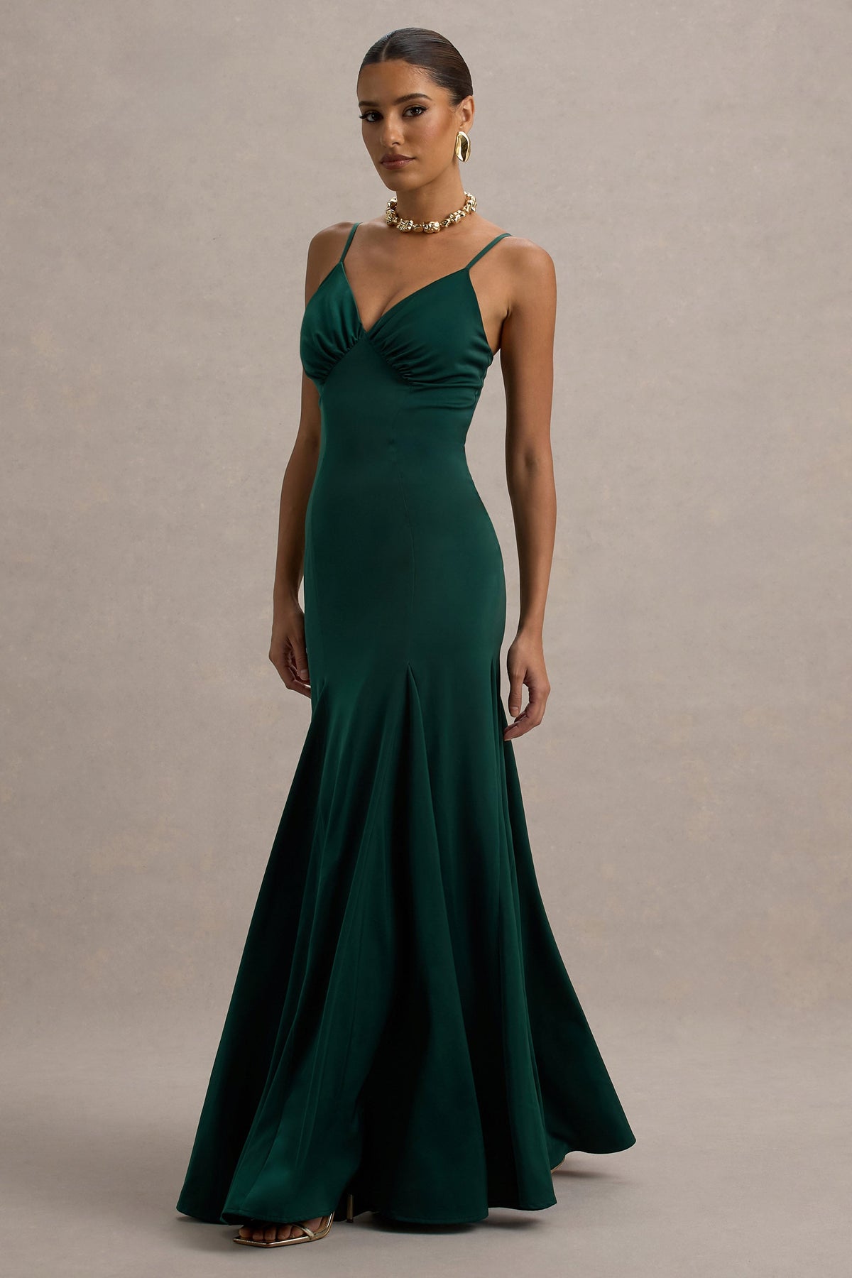 Ashly | Flaschengrünes Satin-Maxikleid mit Volumen-Saum