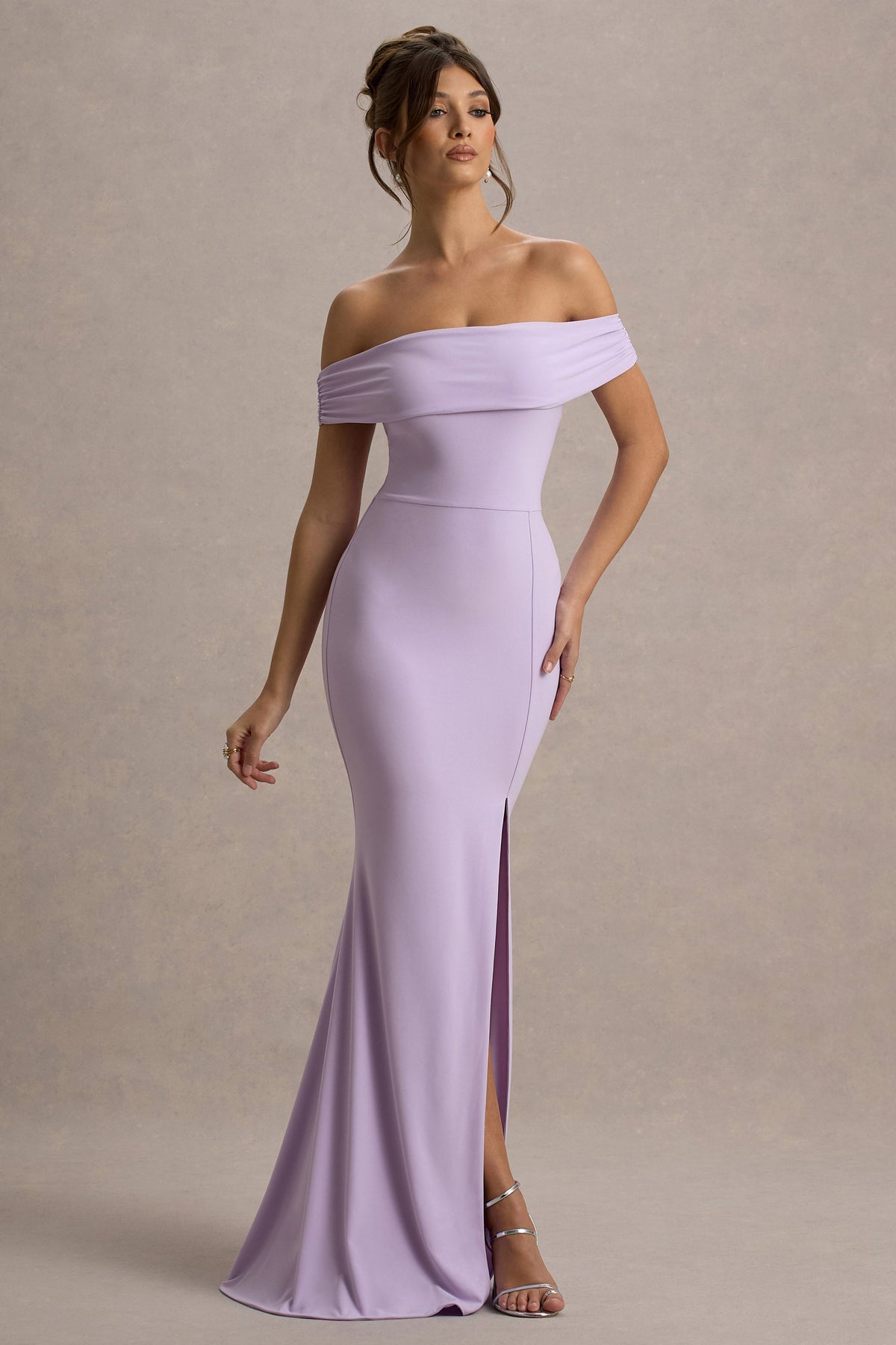 Law of Attraction | Fliederfarbenes Bardot-Maxikleid mit Drapierung und Schlitz