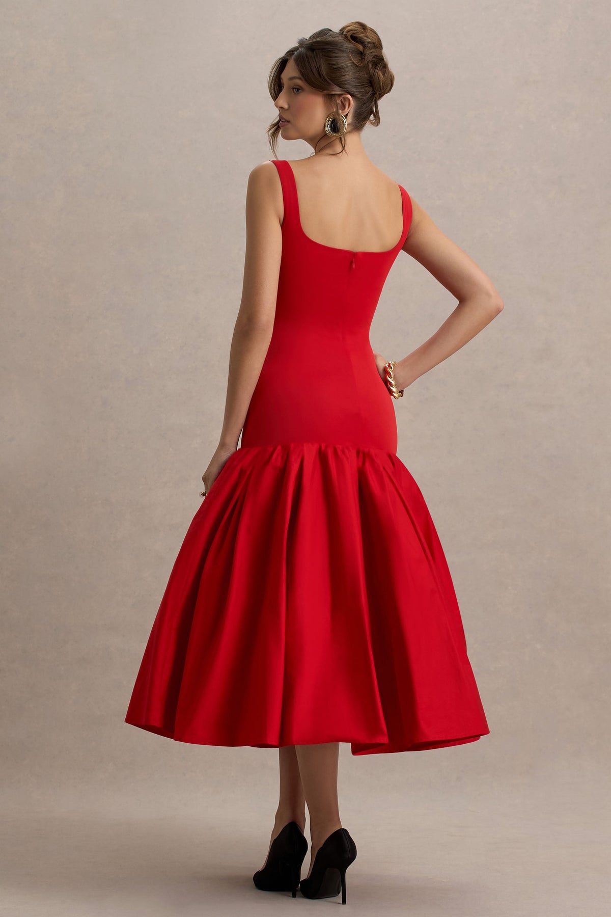 Parida | Rotes Popeline-Midikleid mit tiefer Taille und Schößchensaum
