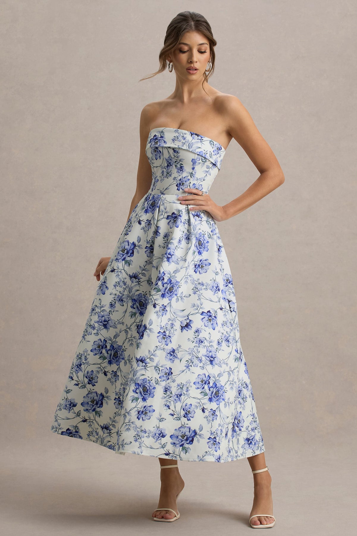 Annalise | Blaues Bandeau-Skater-Midikleid mit Blumenmuster