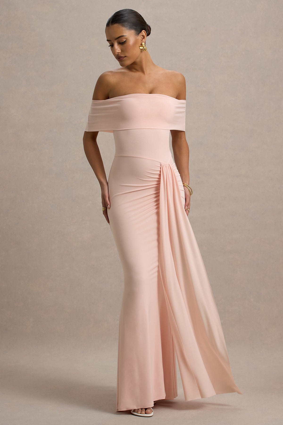Delma | Rosa Bardot-Maxikleid mit Drapierungsdetails