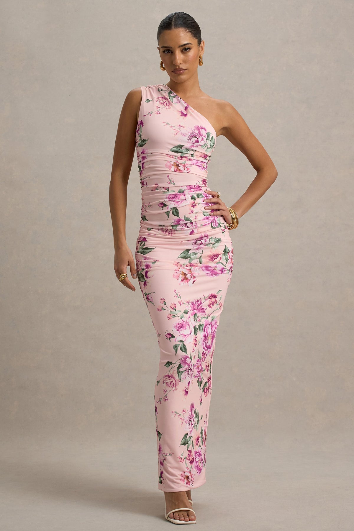 Dalarie | Rosafarbenes Maxikleid mit Blumenmuster und drapiertem One-Shoulder-Design