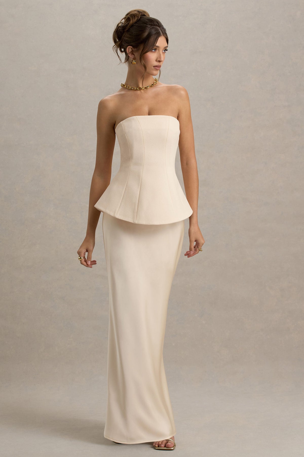Ohio | Champagnerfarbenes trägerloses Korsett-Maxikleid