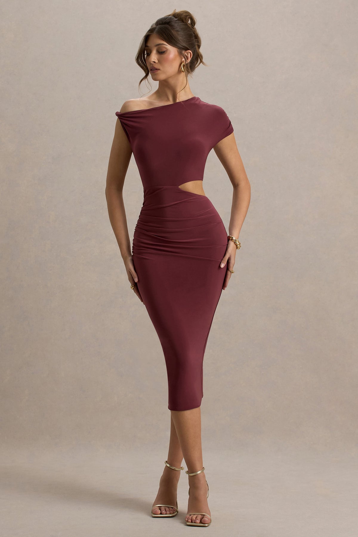Calliope | Burgunderrot Midikleid mit Cut-Outs und Raffungen