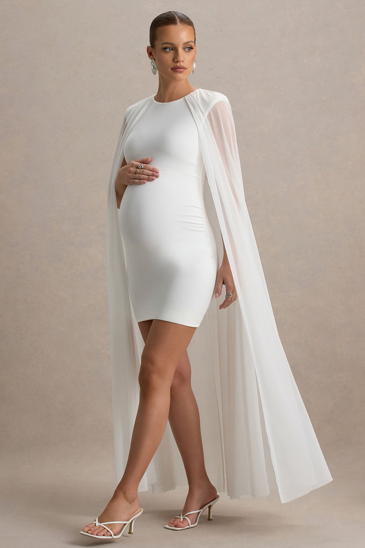 Charlene | Weißes High-Neck-Umstands-Minikleid mit Mesh-Cape