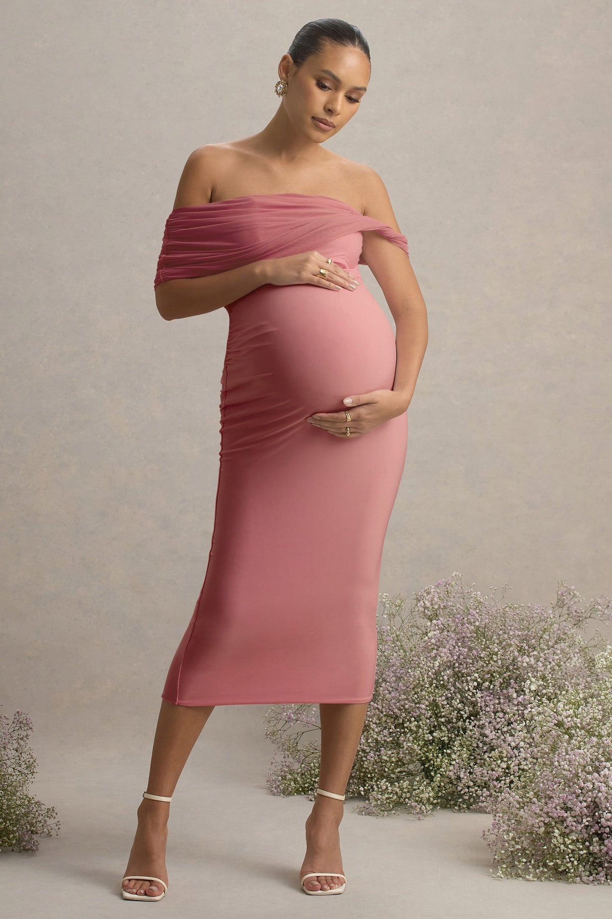 Jen | Pinkes Bardot-Umstandsmidikleid mit Twist-Detail