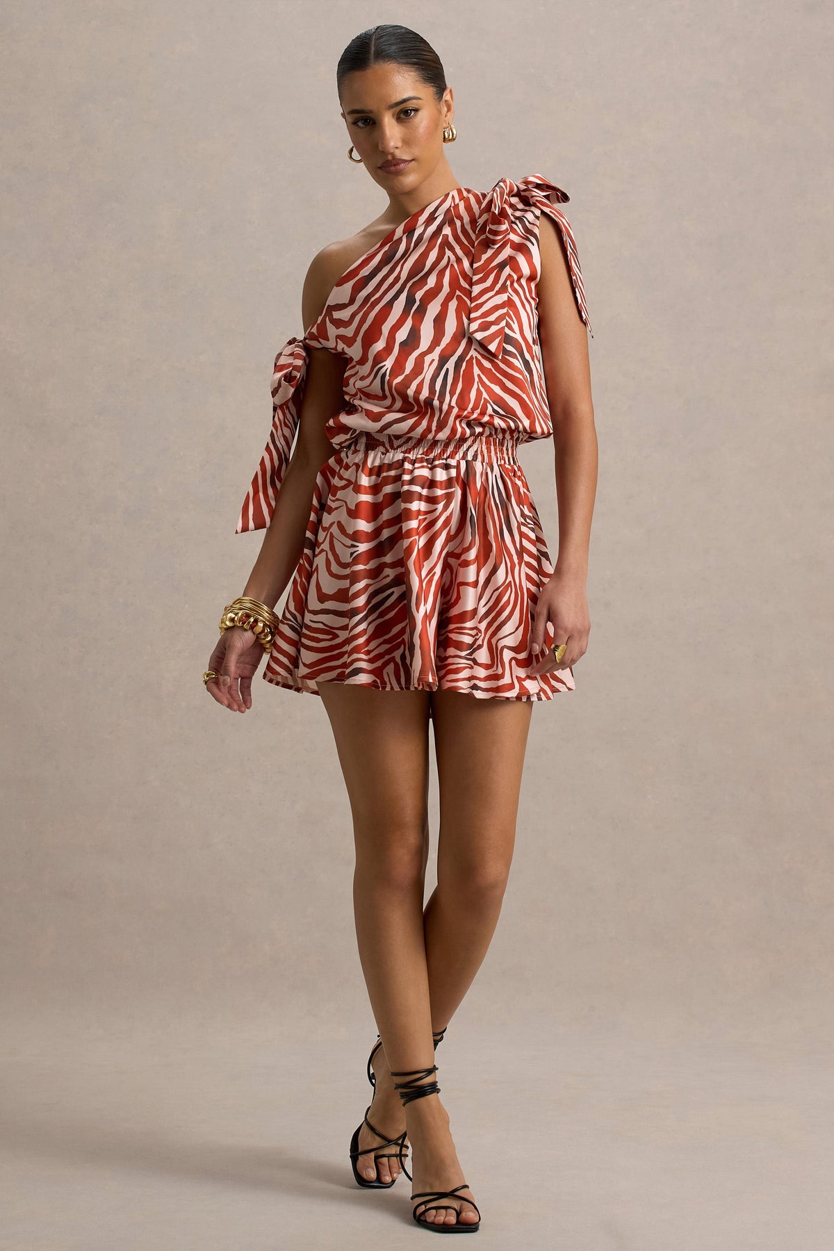 Bathe | Zebra-Print Satin Asymmetrischer Playsuit