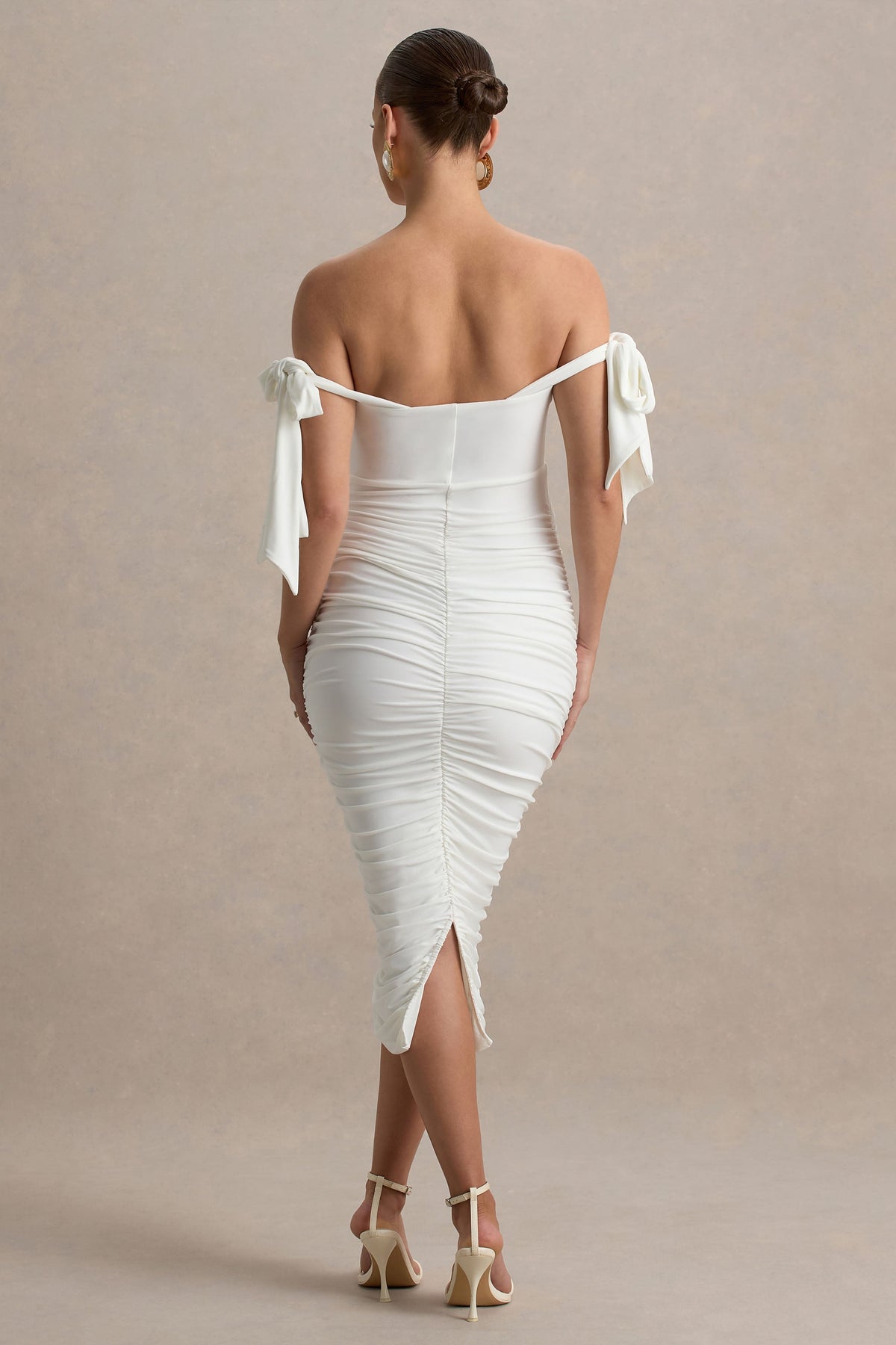Chandelier | Weißes Bardot-Umstands-Midikleid mit Schleifendetails