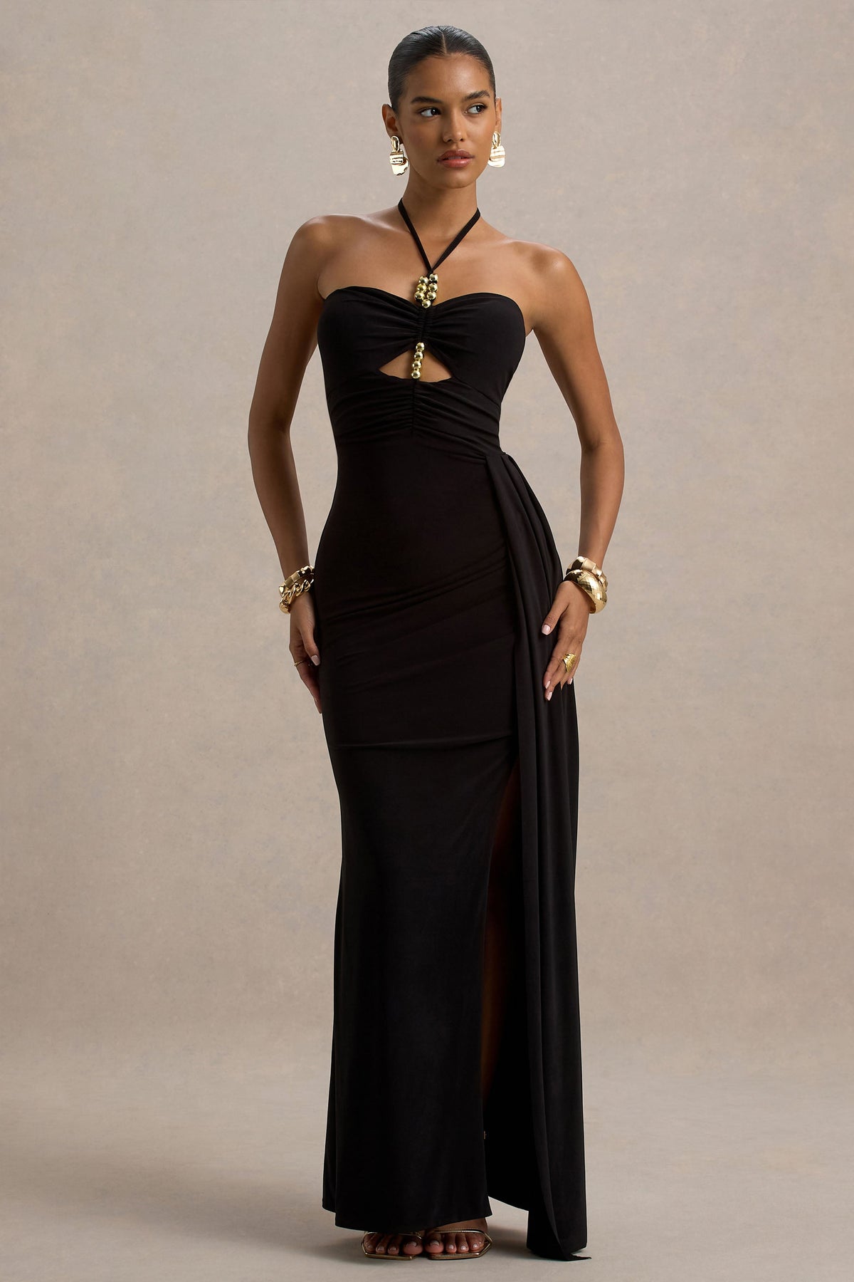 Mohito | Schwarzes Maxikleid mit Halterneck, Cut-Outs und Schlitz