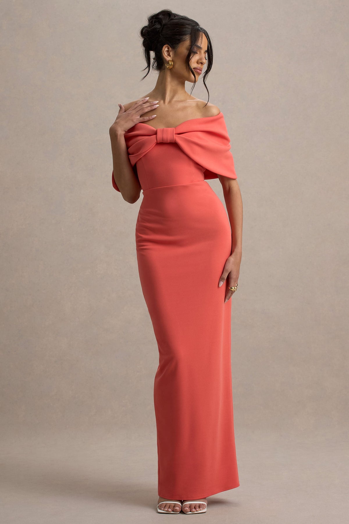 Cornelia | Oranges trägerloses Maxikleid mit Großer Schleife